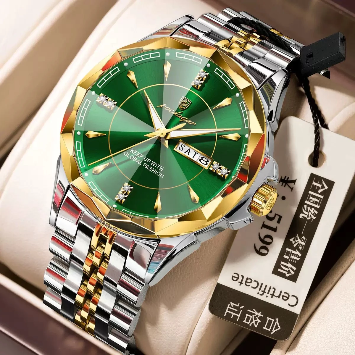 POEDAGAR 674  High Quality Original Men Clock Waterproof Luminous Date Week Top Luxury Man Watch Stainless Steel Quartz Men's Watches- Green & Golden