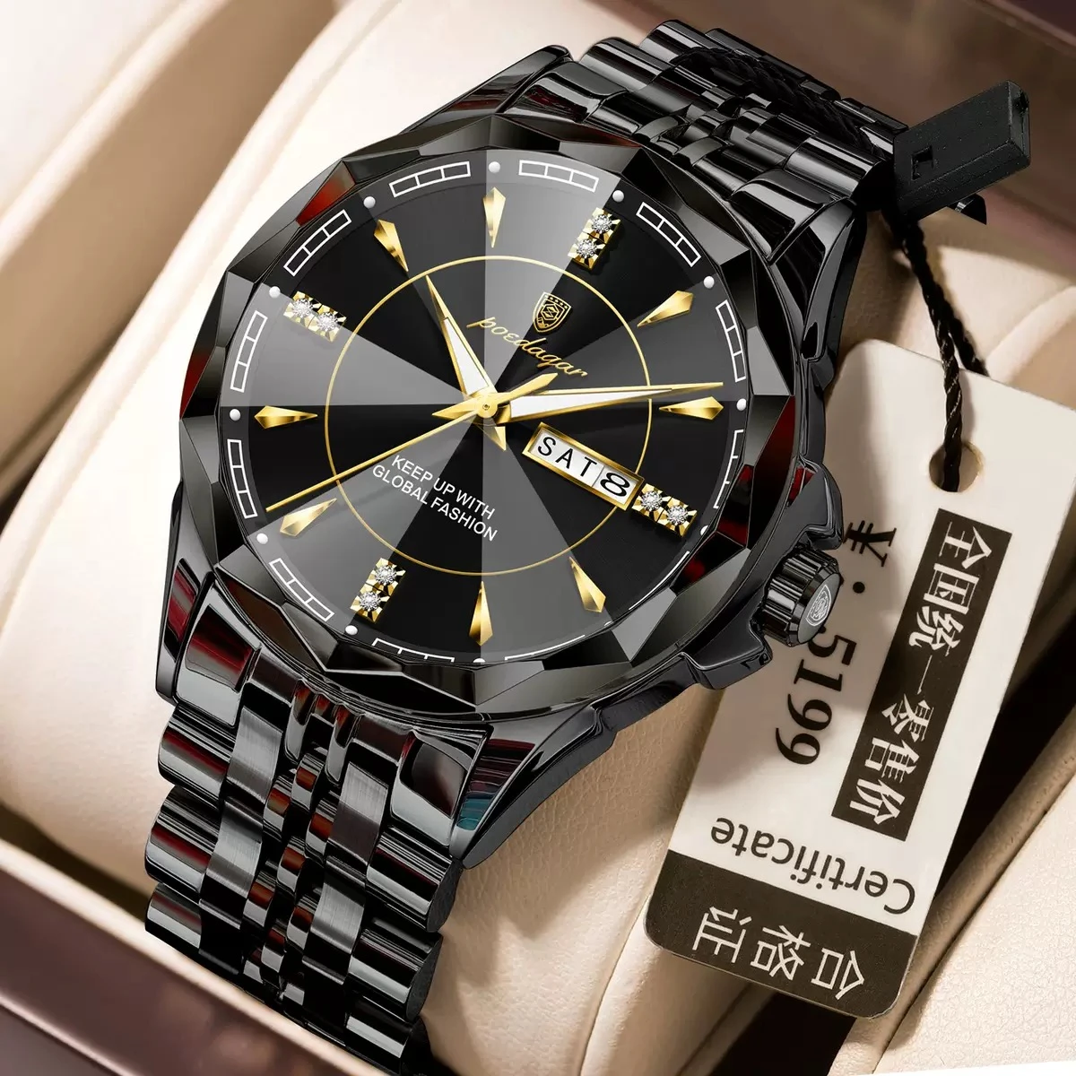 POEDAGAR 674 High Quality Original Men Clock Waterproof Luminous Date Week Top Luxury Man Watch Stainless Steel Quartz Men's Watches-  Black