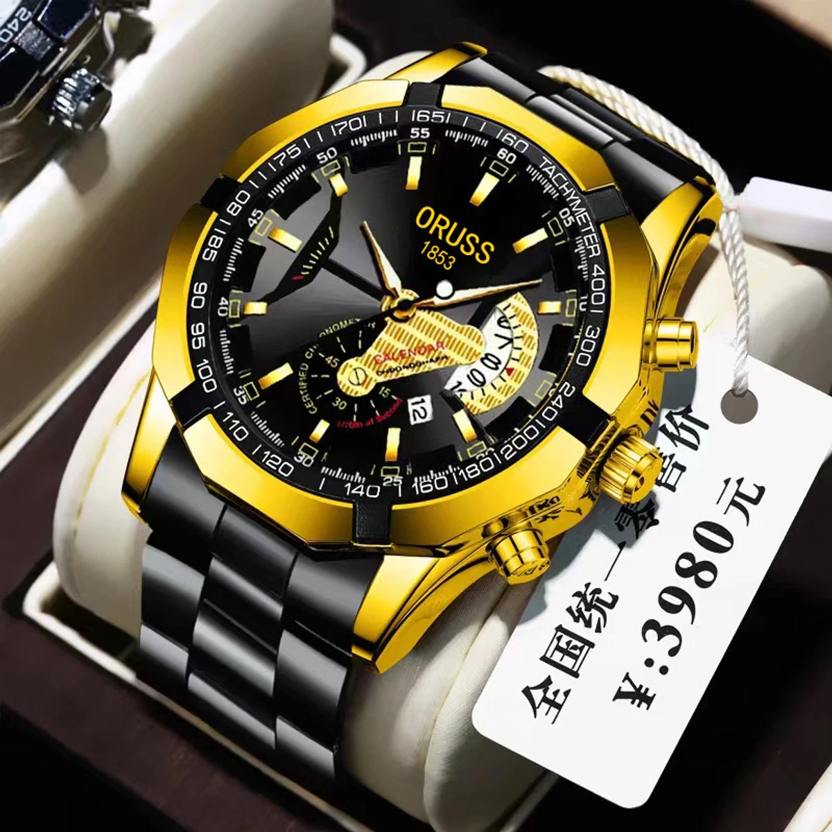 Oruss Luxury Men Watches Business Top Brand Man Wristwatch Waterproof Luminous Date Quartz Men's Watch High Quality- Black & Golden