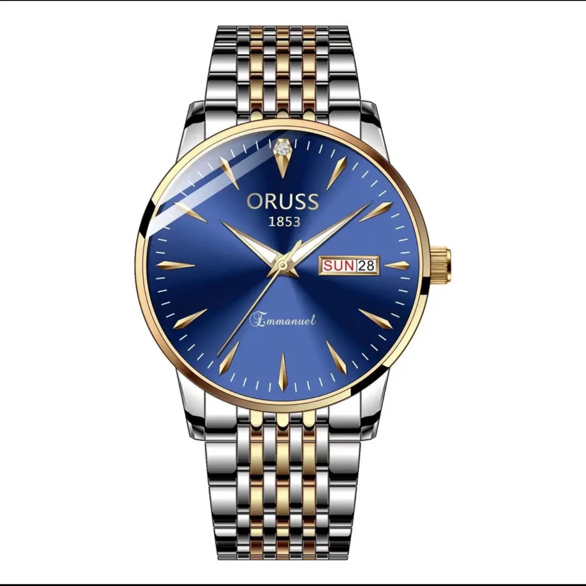 ORUSS Original Swiss Luxury Stainless Steel Waterproof Watch Men's Calendar Luminous Simple Trendy Korean Version Quartz Wrist-Silver & Blue