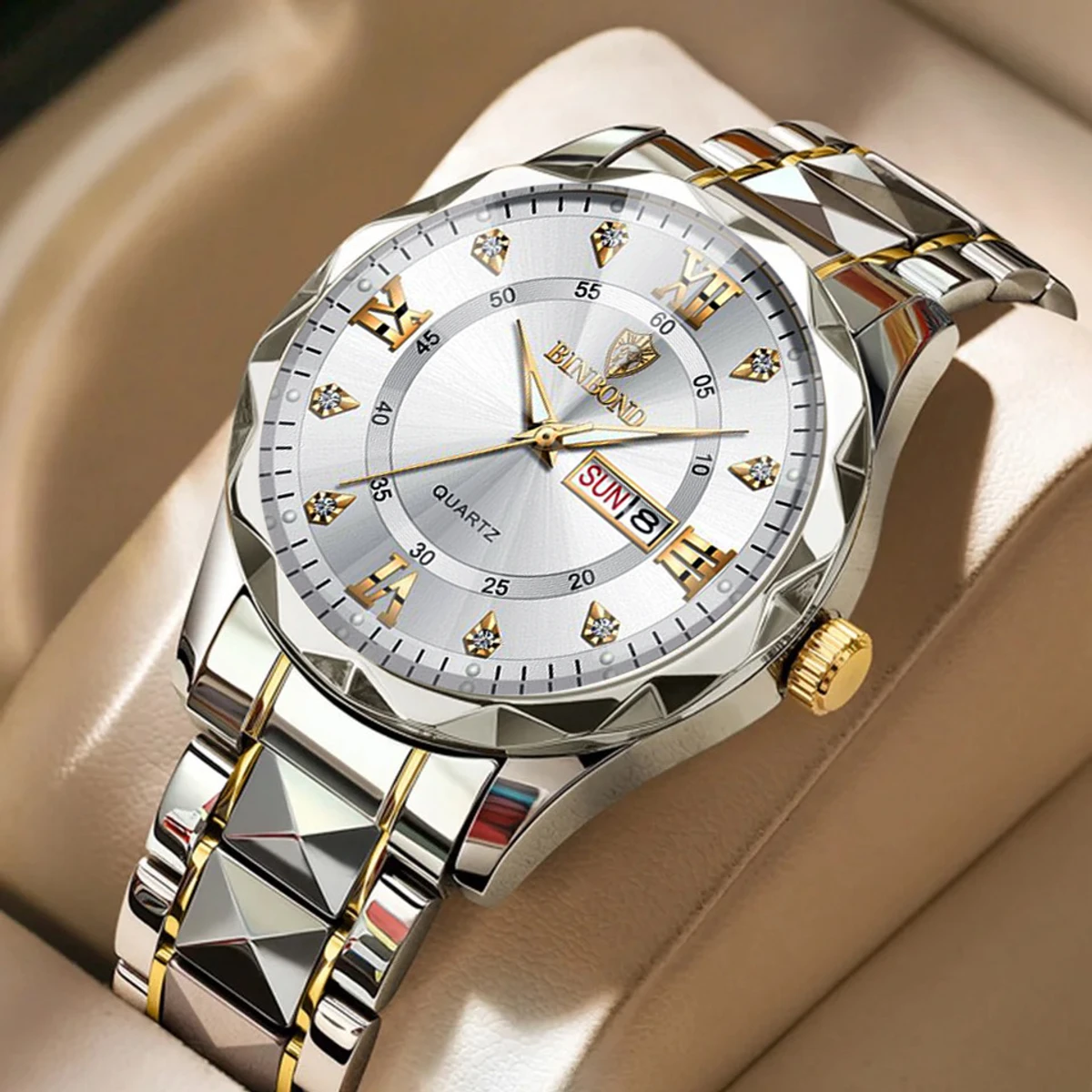 Luxury Binbond authentic men's watch waterproof night light dual calendar watch men's quartz watch diamond ceiling glass- Silver