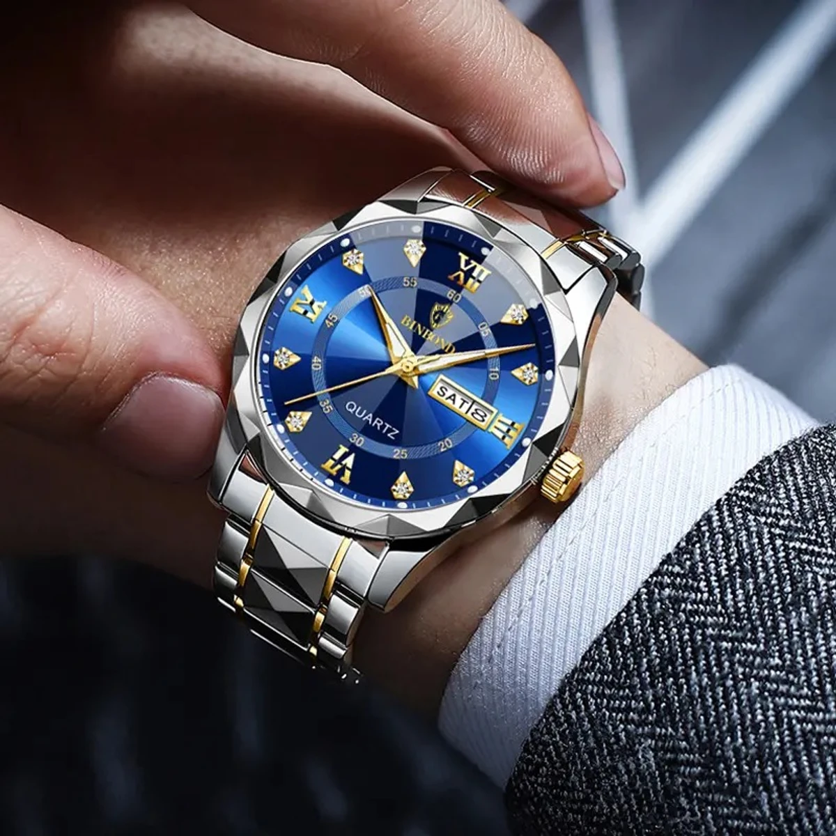 Luxury Binbond authentic men's watch waterproof night light dual calendar watch men's quartz watch diamond ceiling glass- Silver & Blue
