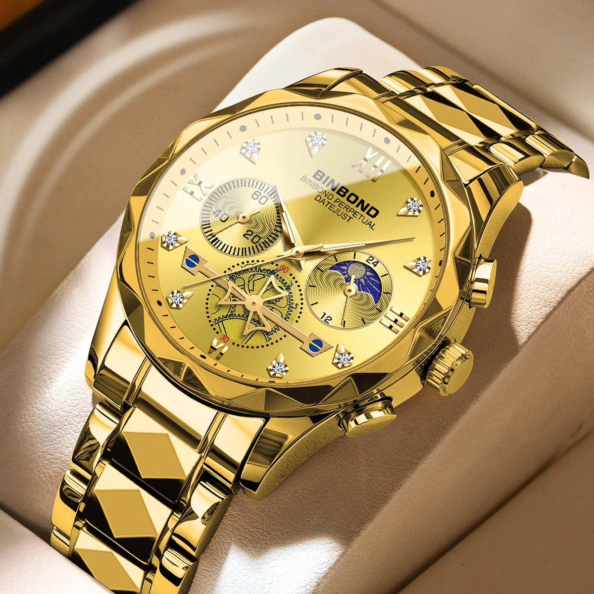 New Luxury Diamond Watch For Men Stainless Steel Waterproof Chronograph Luminous Date Business Sport Wristwatches- Golden