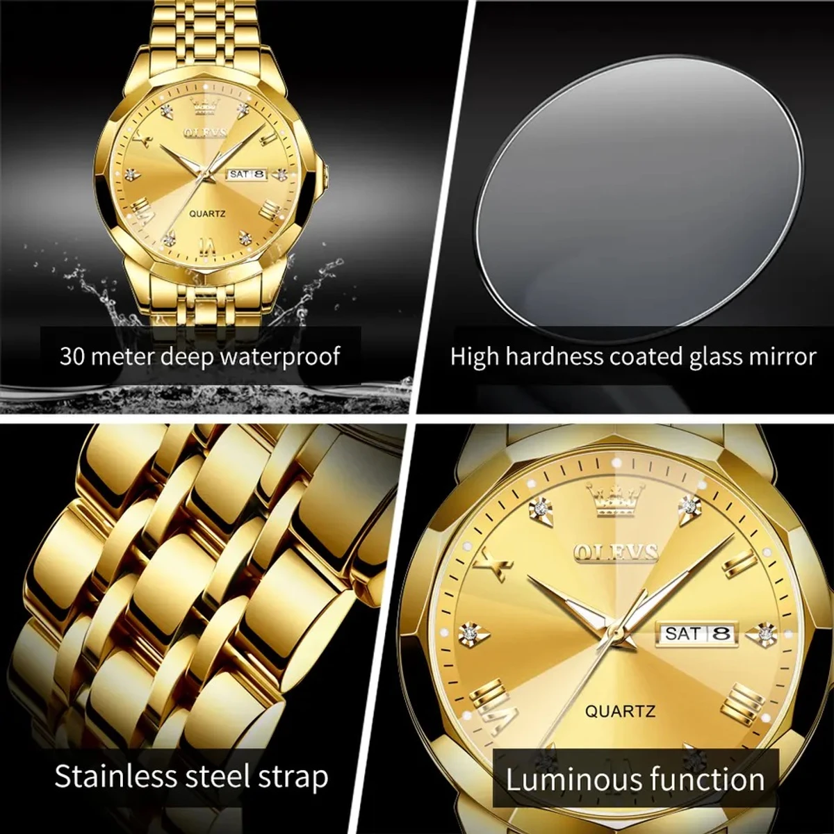 Combo Couple watch 2 pcs 2024 New Luxury OLEVS MODEL 9931 Watch for Men Stainless Steel Waterproof Watches UNISEX- Golden