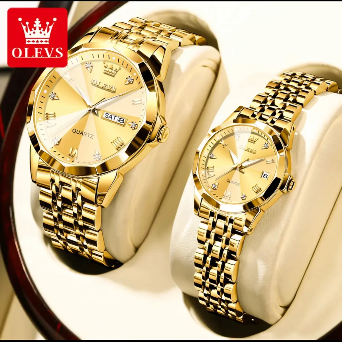 Combo Couple watch 2 pcs 2024 New Luxury OLEVS MODEL 9931 Watch for Men Stainless Steel Waterproof Watches UNISEX- Golden