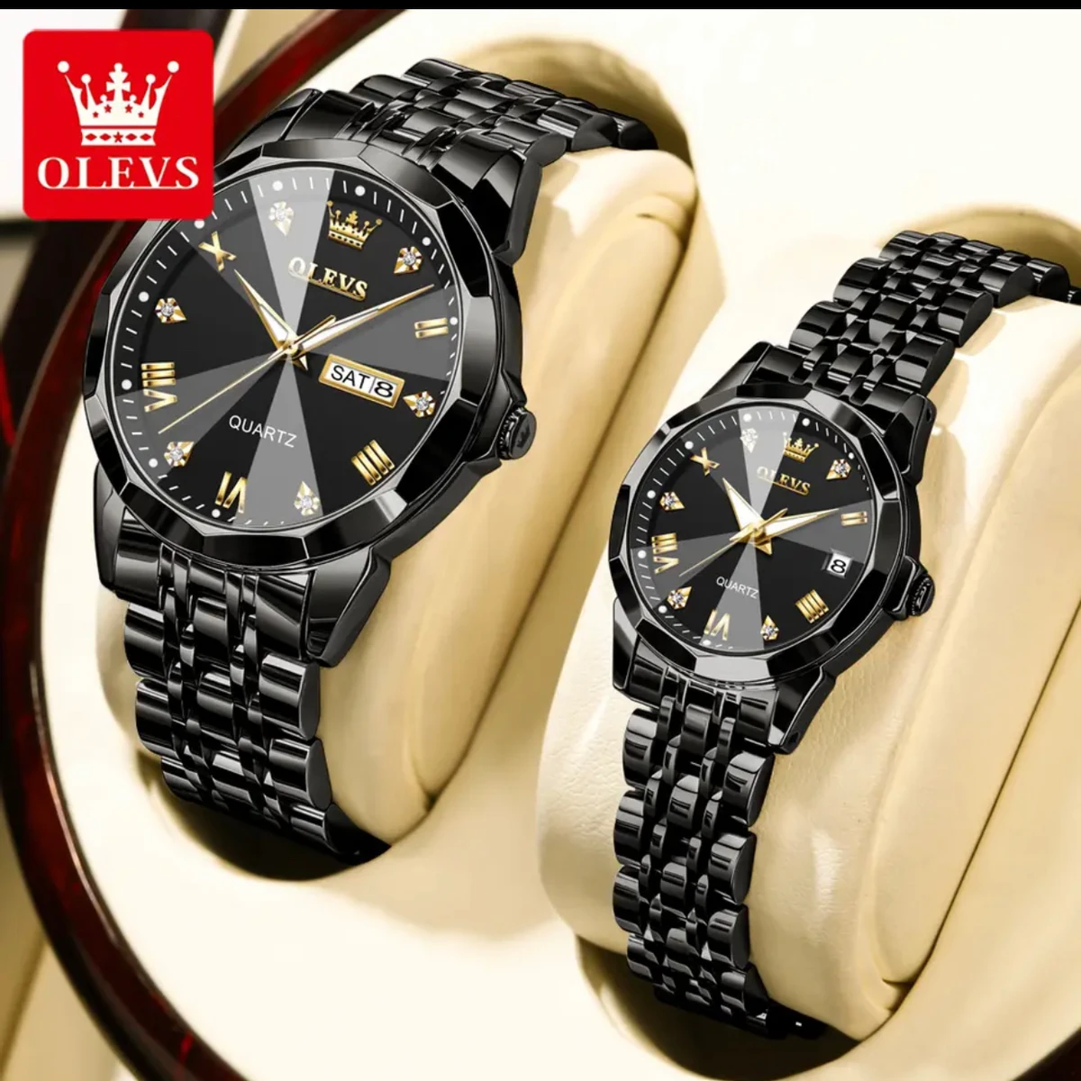 Combo Couple watch 2 pcs 2024 New Luxury OLEVS MODEL 9931 Watch for Men Stainless Steel Waterproof Watches UNISEX- Black