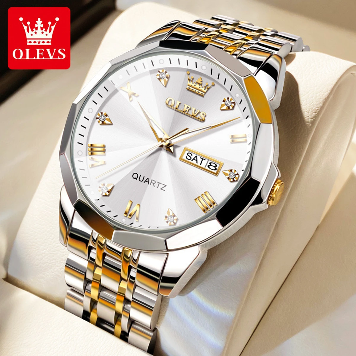 OLEVS 9931 Quartz Watch For Men Rhombus Mirror Stainless Steel Waterproof Date Week Clock Simplicity Luxury Men's Wristwatch- Silver