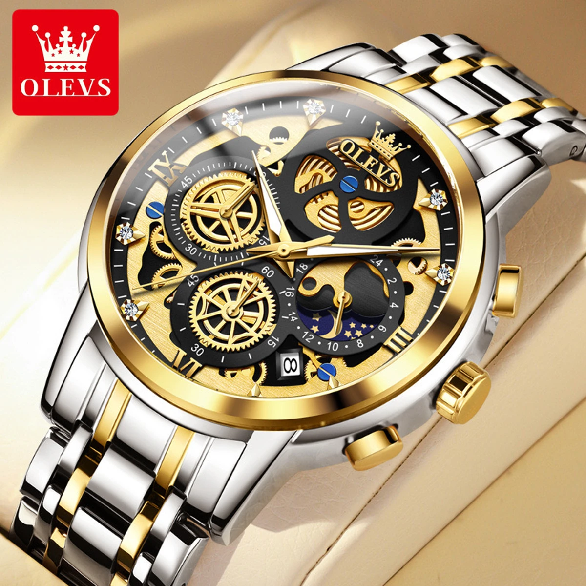 OLEVS Top Quartz Men's Brand Watch Luxury Watch Style Men's Watch- Silver & Green