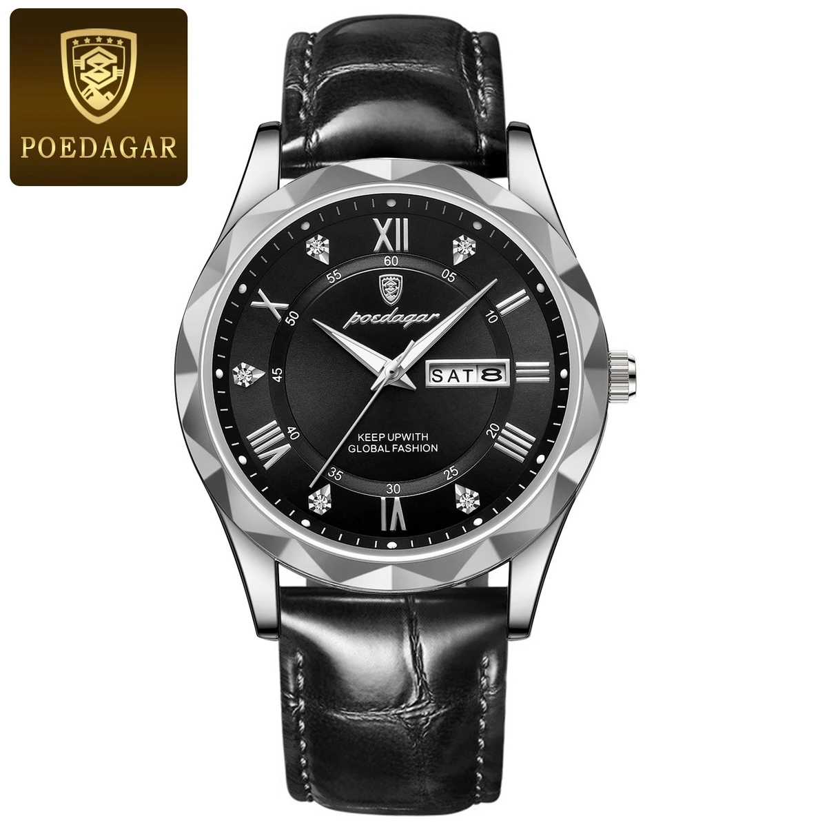 POEDAGAR New Fashion Blue Quartz Watch for Men High Quality Leather Waterproof Luminous Date Week Mens Watches Top Brand Luxury- Silver & Black