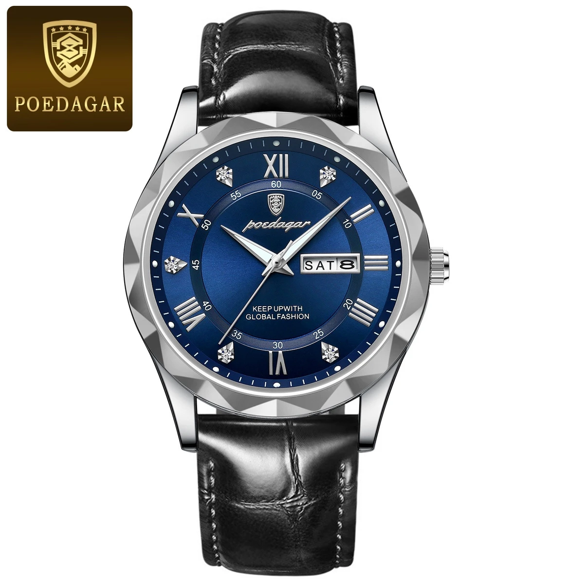 POEDAGAR New Fashion Blue Quartz Watch for Men High Quality Leather Waterproof Luminous Date Week Mens Watches Top Brand Luxury- Silver & Blue