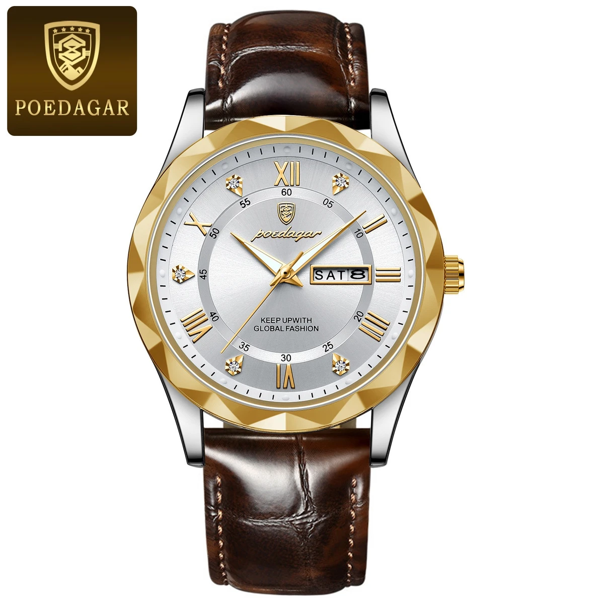 POEDAGAR New Fashion Blue Quartz Watch for Men High Quality Leather Waterproof Luminous Date Week Mens Watches Top Brand Luxury- Silver & Golden