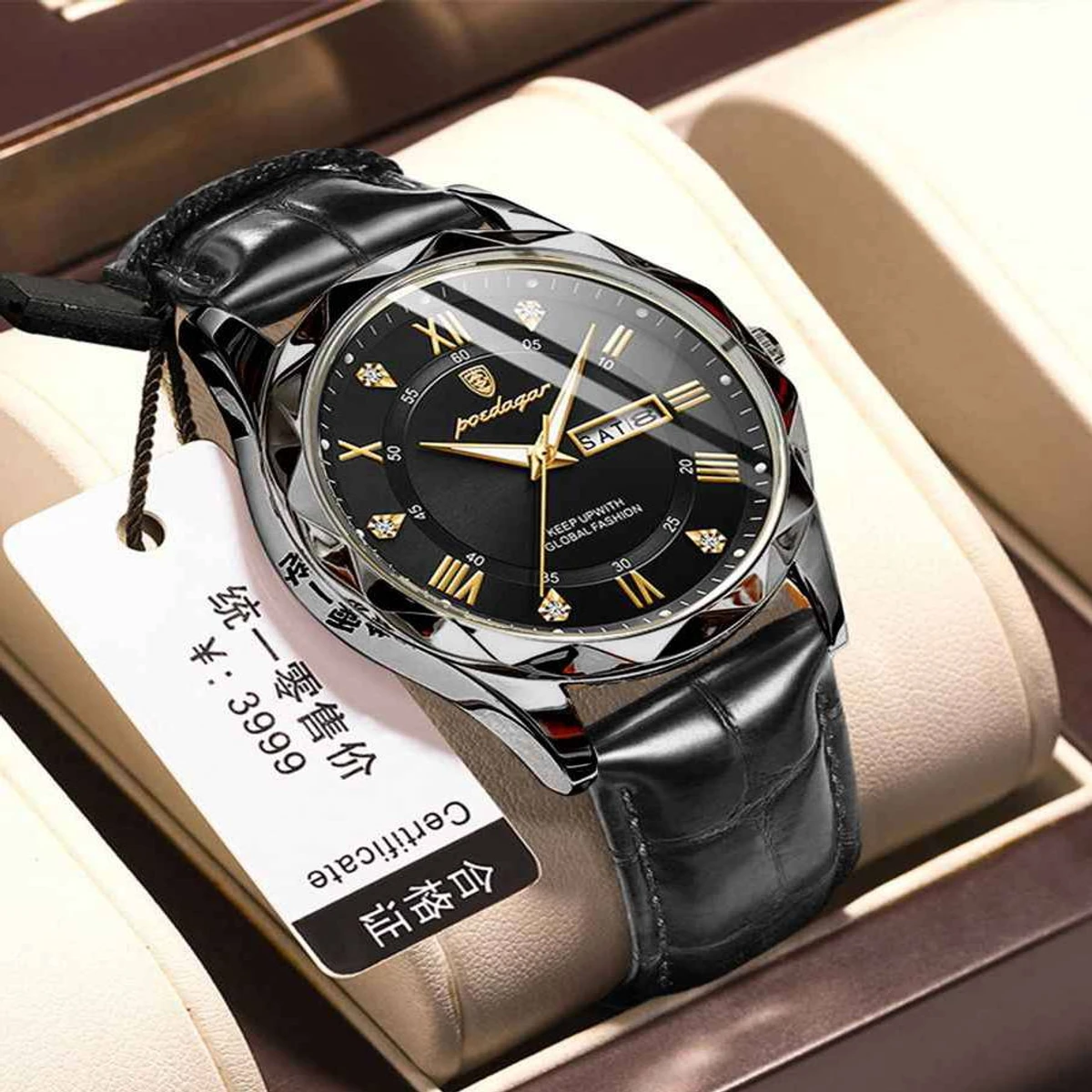 POEDAGAR New Fashion Blue Quartz Watch for Men High Quality Leather Waterproof Luminous Date Week Mens Watches Top Brand Luxury- Black