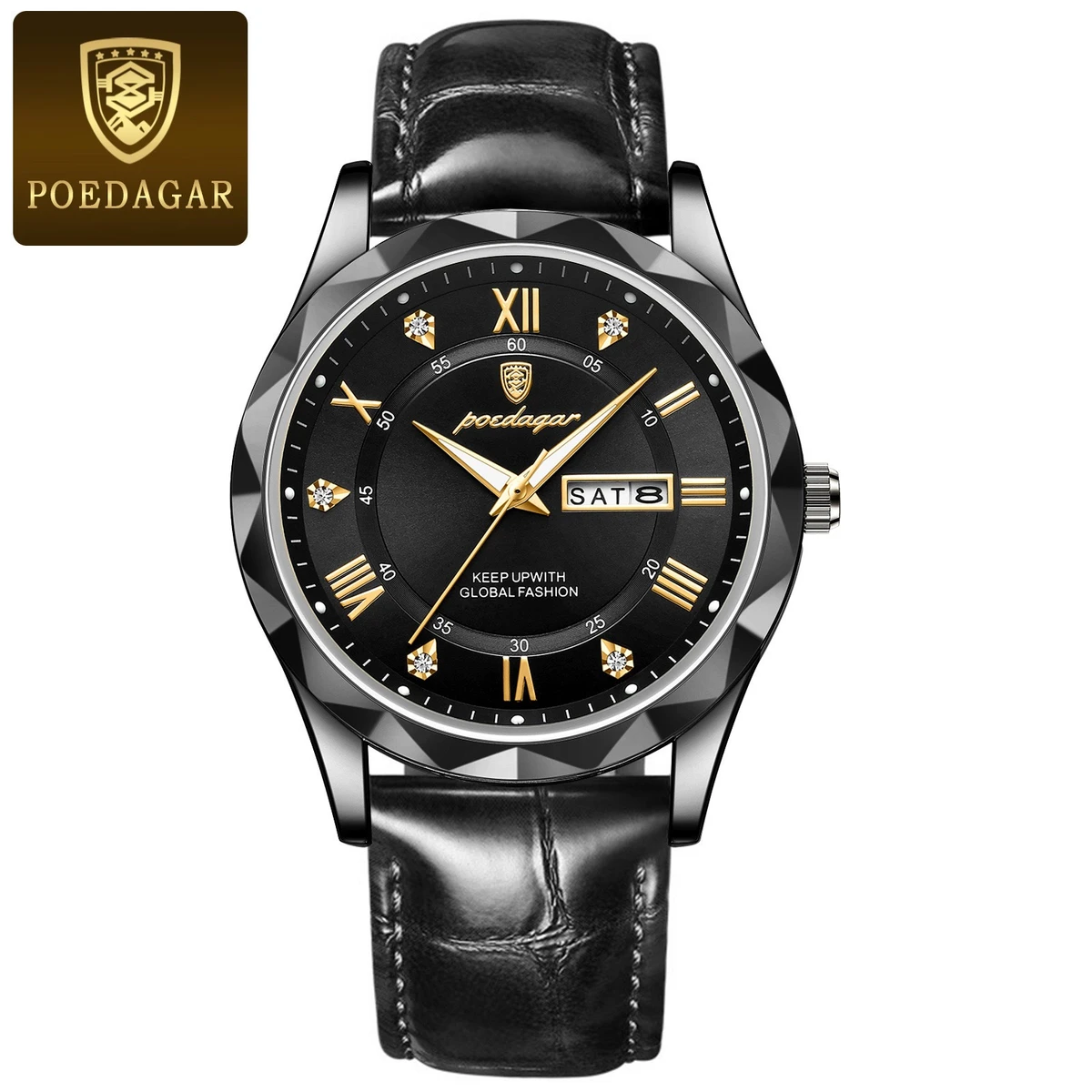 POEDAGAR New Fashion Blue Quartz Watch for Men High Quality Leather Waterproof Luminous Date Week Mens Watches Top Brand Luxury- Black