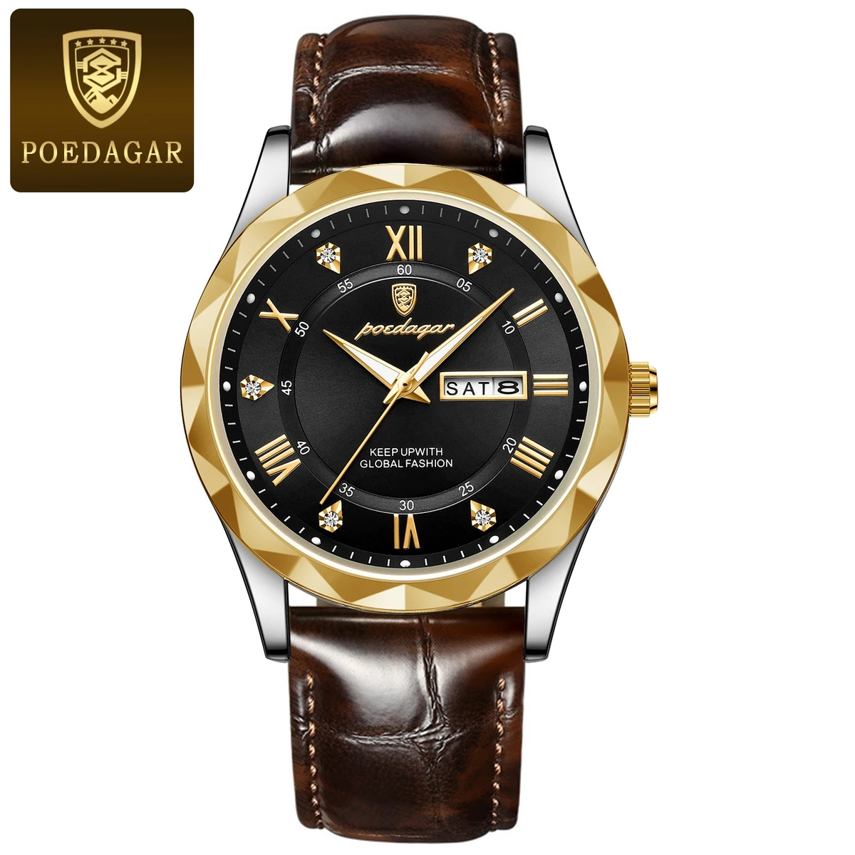 POEDAGAR New Fashion Blue Quartz Watch for Men High Quality Leather Waterproof Luminous Date Week Mens Watches Top Brand Luxury- Black & Golden