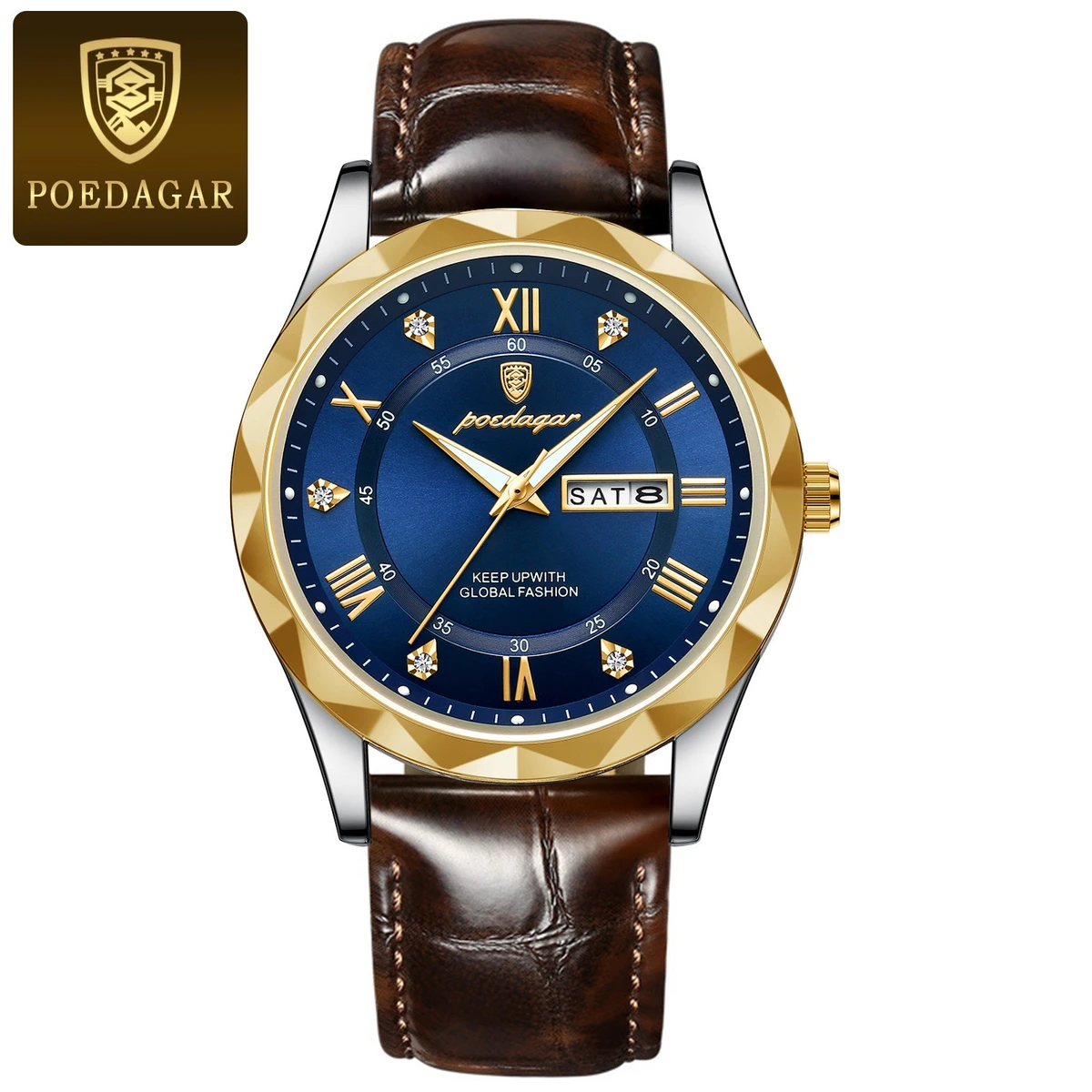 POEDAGAR New Fashion Blue Quartz Watch for Men High Quality Leather Waterproof Luminous Date Week Mens Watches Top Brand Luxury- Blue & Golden