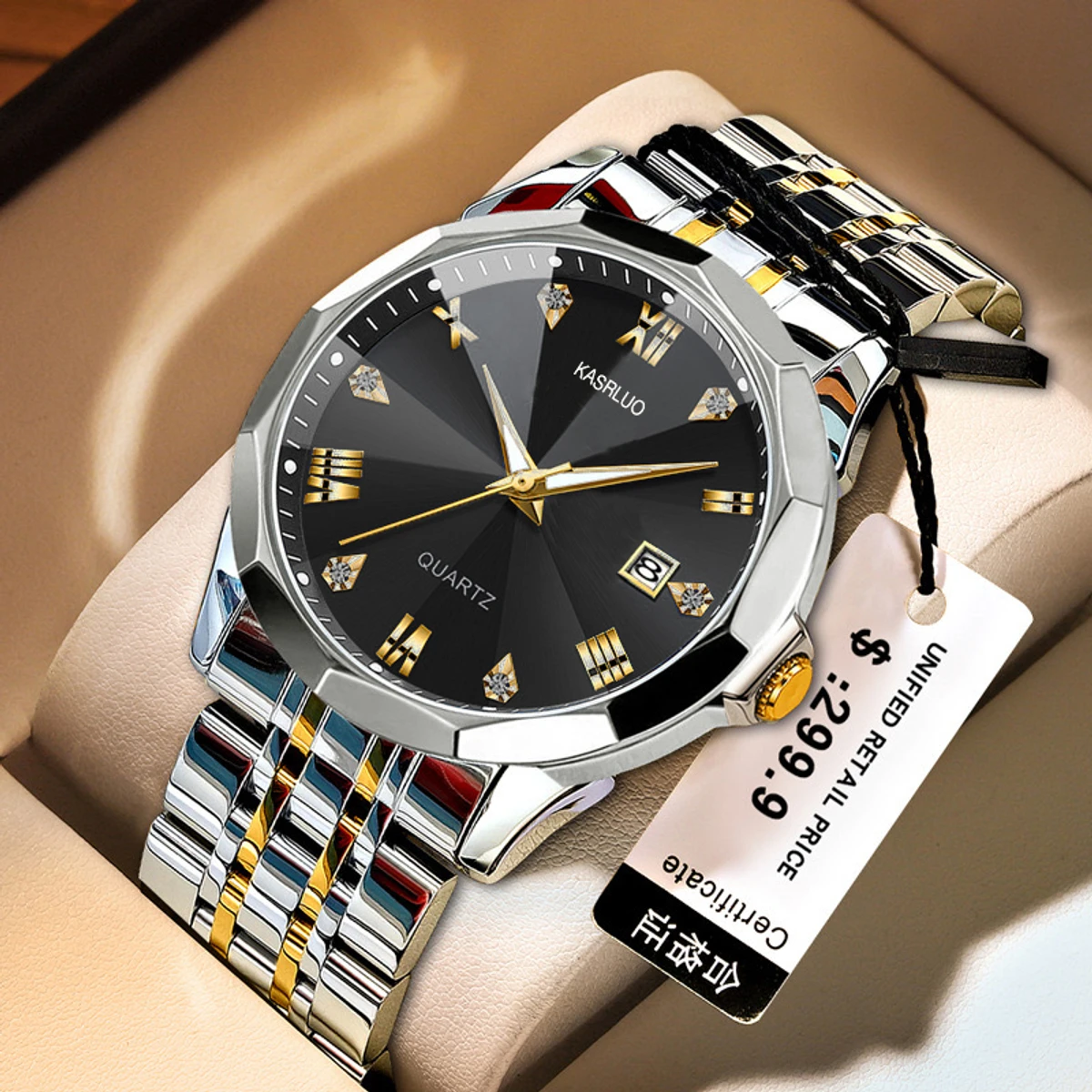 KASRLUO New Fashion Quartz Watch for Men Stainless Steel Waterproof Luminous Date Mens Watches Top Brand Luxury Clock- Silver & Black