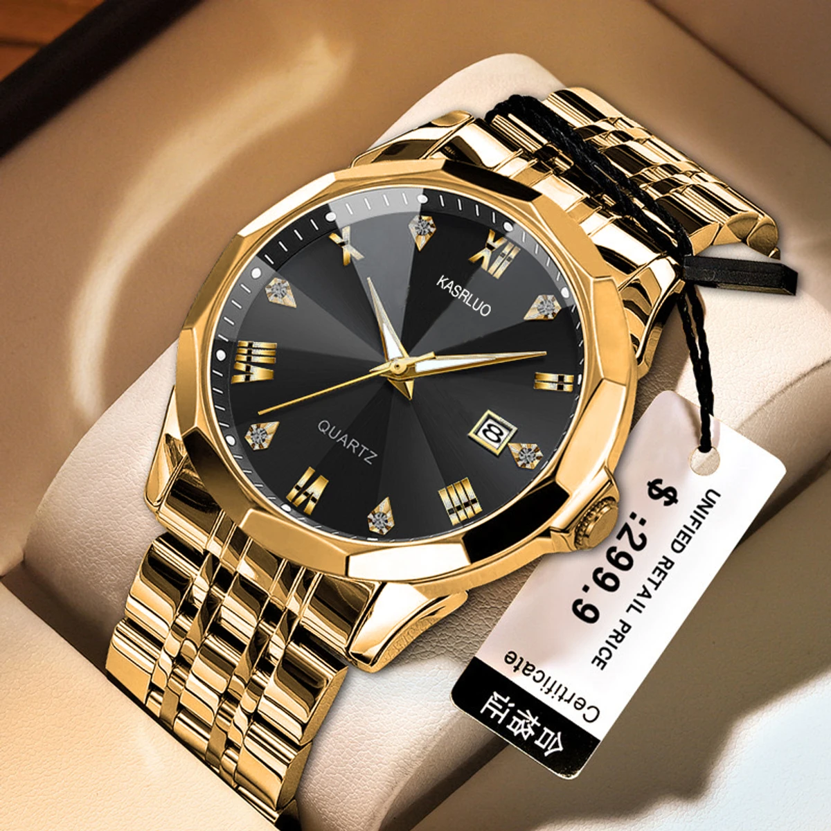KASRLUO New Fashion Quartz Watch for Men Stainless Steel Waterproof Luminous Date Mens Watches Top Brand Luxury Clock- Golden & Black