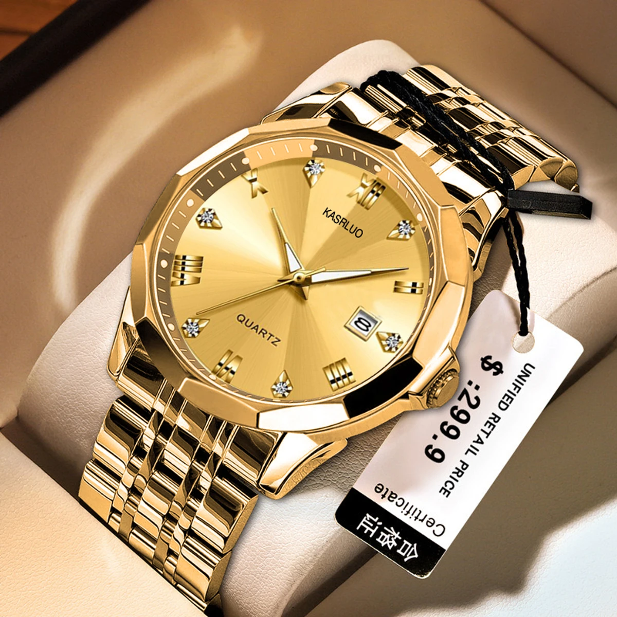 KASRLUO New Fashion Quartz Watch for Men Stainless Steel Waterproof Luminous Date Mens Watches Top Brand Luxury Clock- Golden