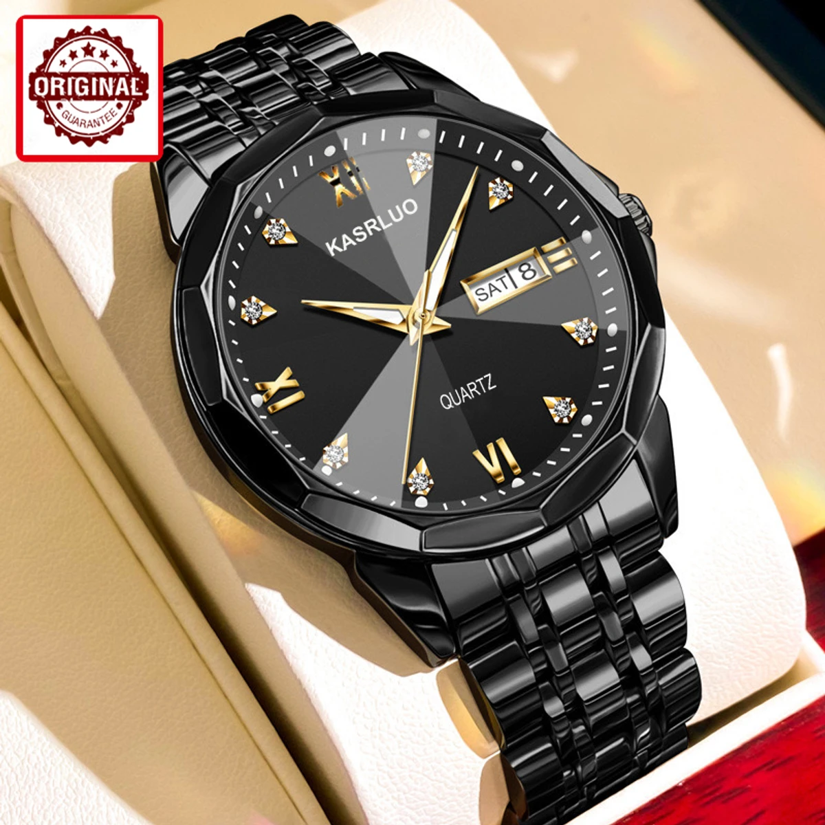 KASRLUO New Fashion Quartz Watch for Men Stainless Steel Waterproof Luminous Date Mens Watches Top Brand Luxury Clock- Black