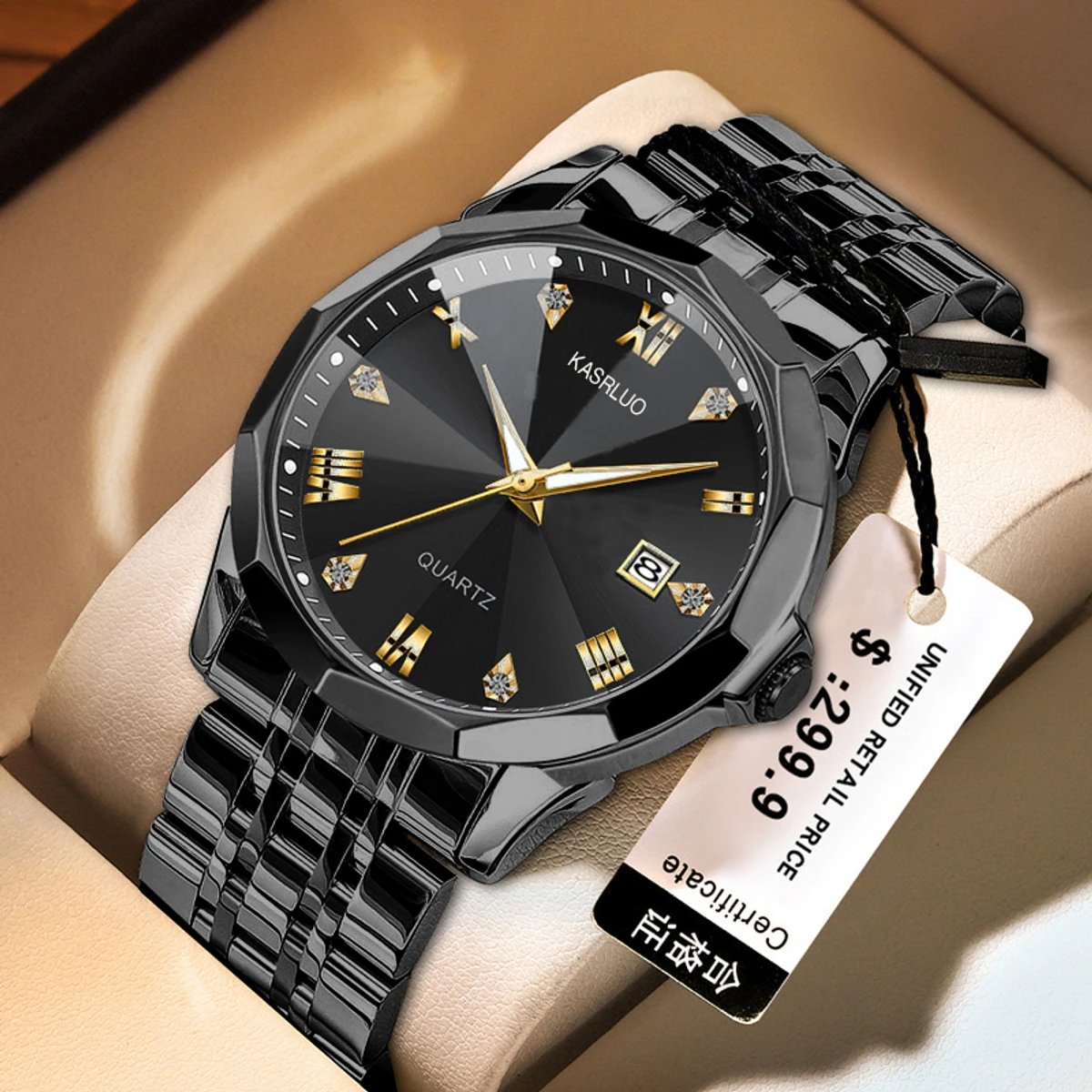 KASRLUO New Fashion Quartz Watch for Men Stainless Steel Waterproof Luminous Date Mens Watches Top Brand Luxury Clock- Black