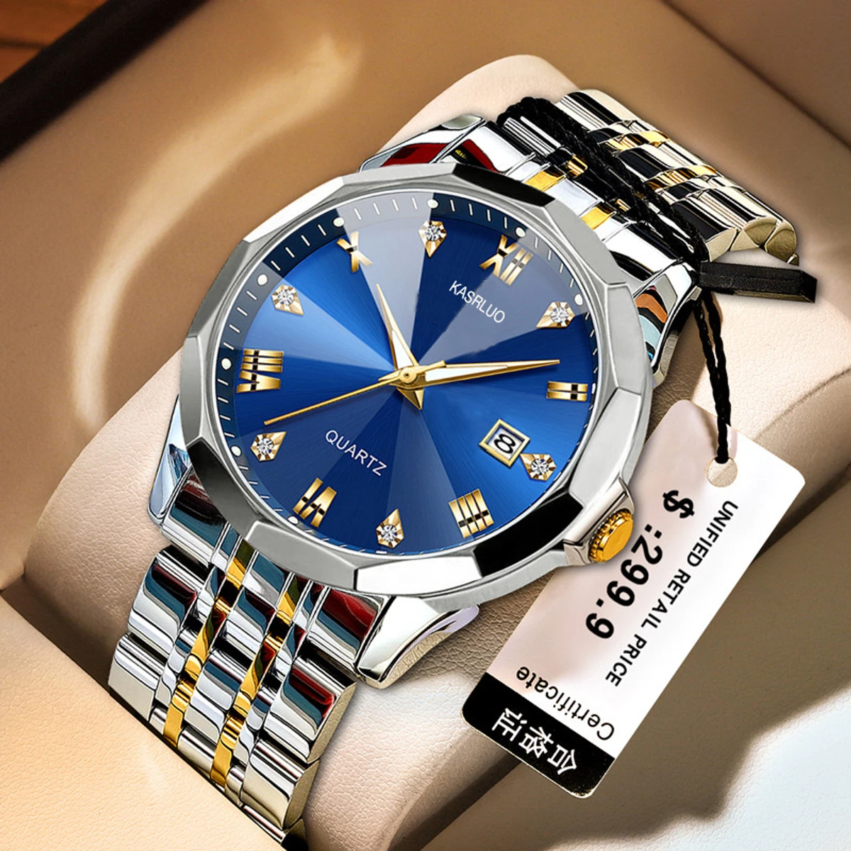 KASRLUO New Fashion Quartz Watch for Men Stainless Steel Waterproof Luminous Date Mens Watches Top Brand Luxury Clock- Blue