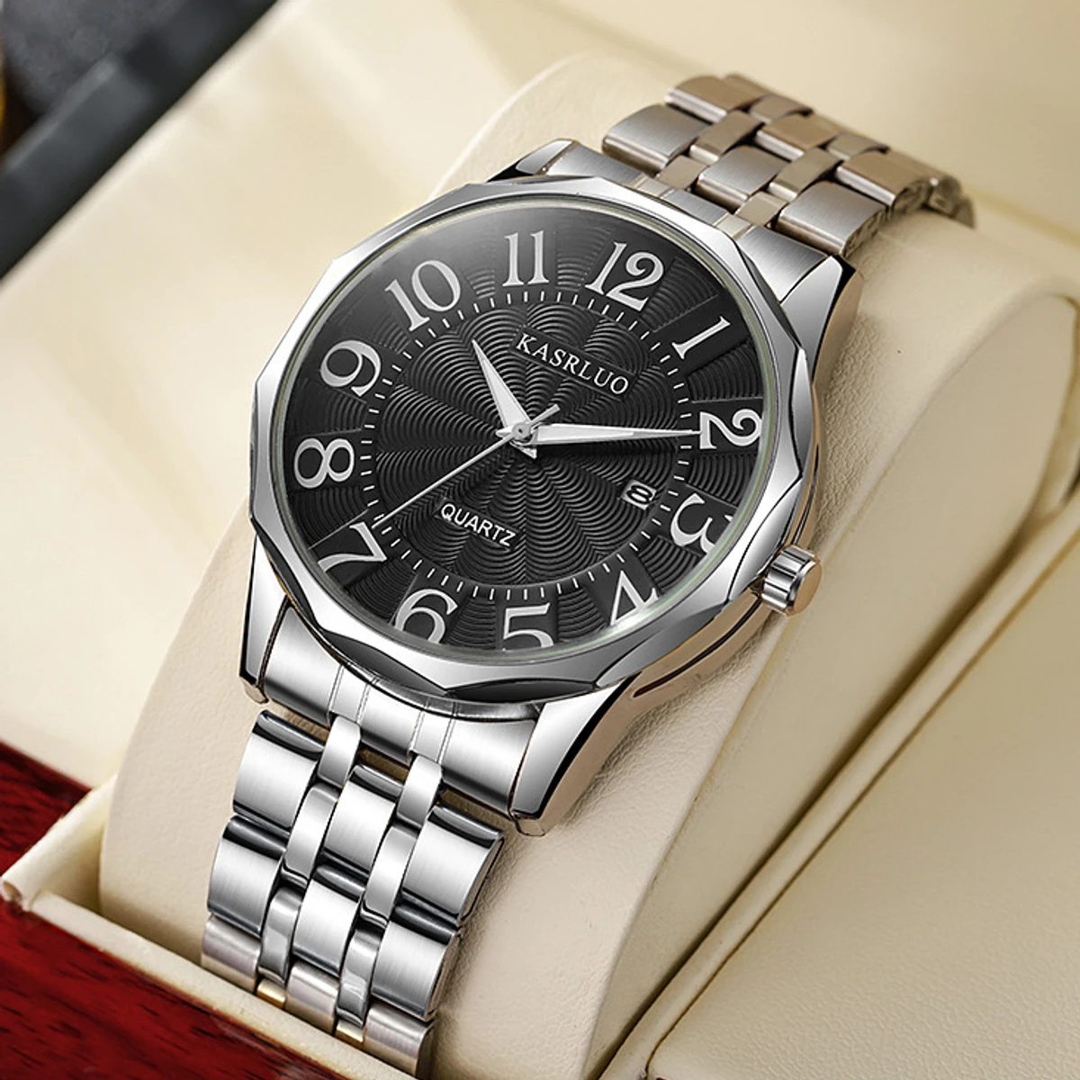 KASRLUO Popular New Fashion Quartz Watch for Men Stainless Steel Waterproof Luminous Date Mens Watches Top Brand Luxury Clock- Silver & Black