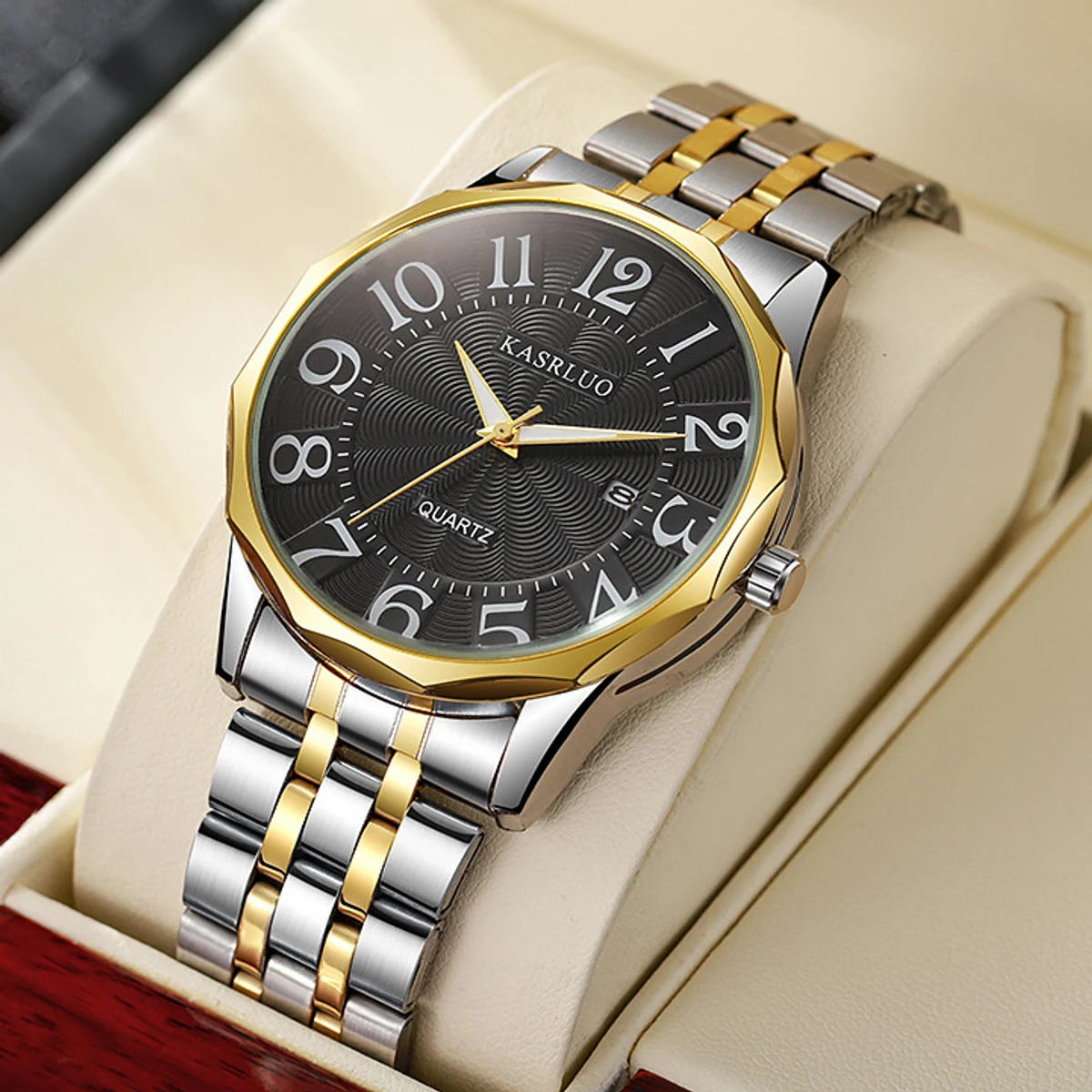 KASRLUO Popular New Fashion Quartz Watch for Men Stainless Steel Waterproof Luminous Date Mens Watches Top Brand Luxury Clock- Golden & Black