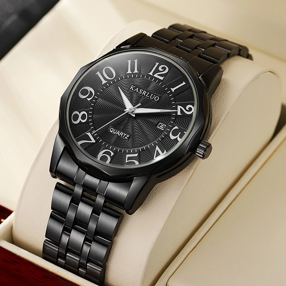 KASRLUO Popular New Fashion Quartz Watch for Men Stainless Steel Waterproof Luminous Date Mens Watches Top Brand Luxury Clock- Black