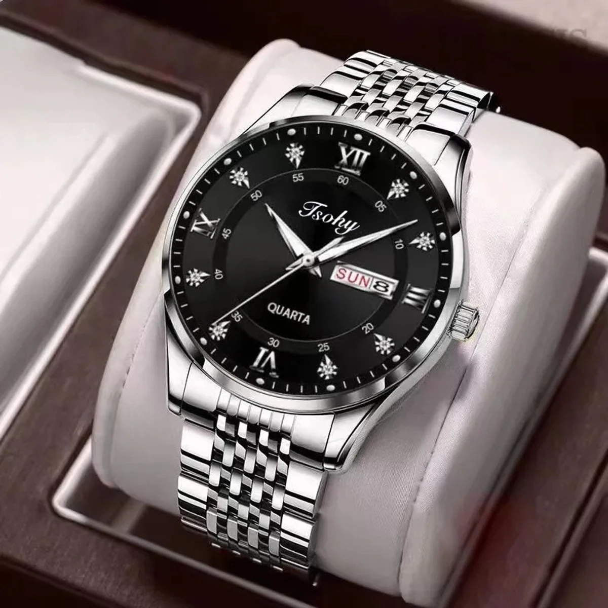 Luxury ISOHY authentic men's watch waterproof night light dual calendar watch men's quartz watch  ceiling glass- Silver & Black