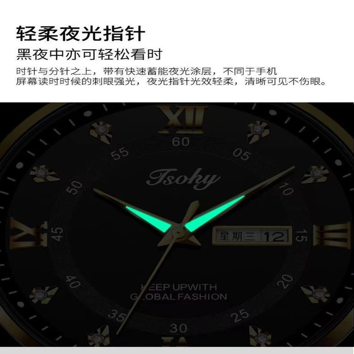 Luxury ISOHY authentic men's watch waterproof night light dual calendar watch men's quartz watch  ceiling glass- Silver & Black