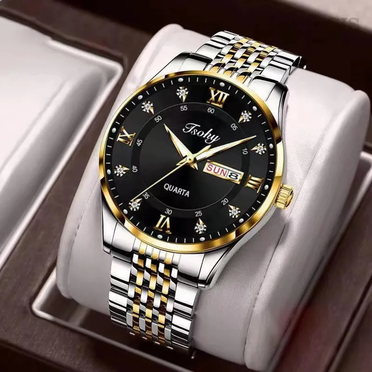 Luxury ISOHY authentic men's watch waterproof night light dual calendar watch men's quartz watch ceiling glass- Golden & Black