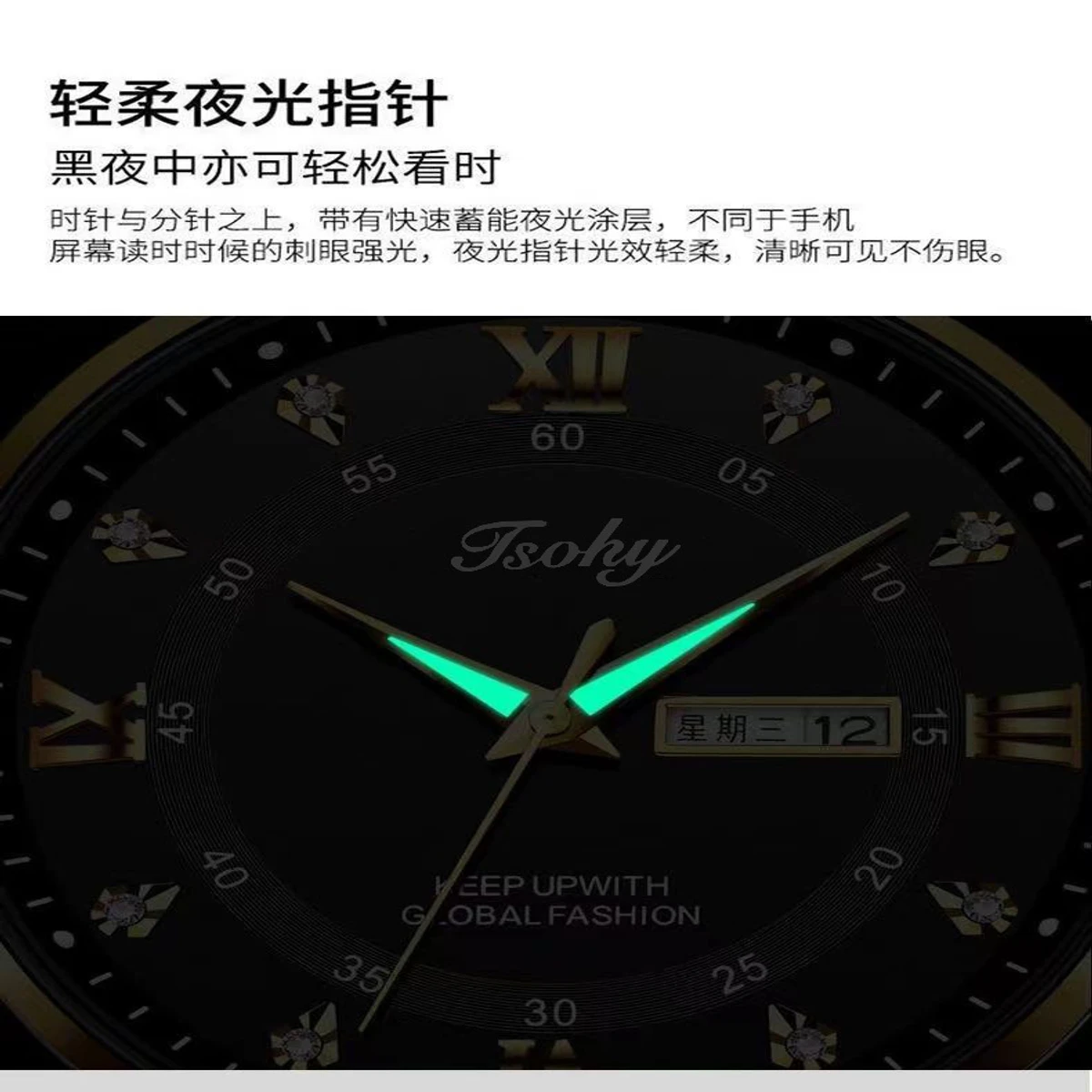 Luxury ISOHY authentic men's watch waterproof night light dual calendar watch men's quartz watch ceiling glass- Black