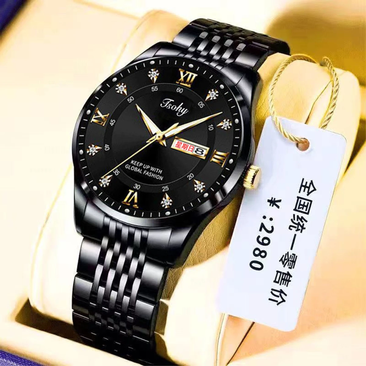 Luxury ISOHY authentic men's watch waterproof night light dual calendar watch men's quartz watch ceiling glass- Black