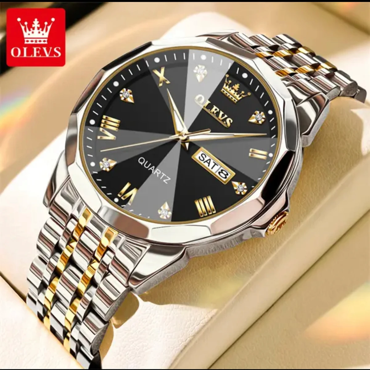 OLEVS 9931 Quartz Watch For Men Rhombus Mirror Stainless Steel Waterproof Auto Date Week Clock Simplicity Luxury Men's Wristwatch- Black & Silver