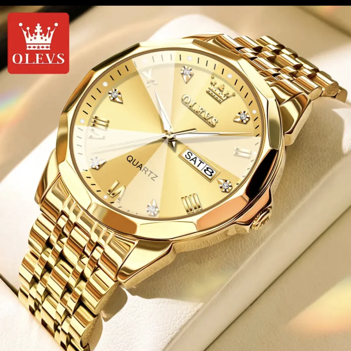 OLEVS 9931 Quartz Watch For Men Rhombus Mirror Stainless Steel Waterproof  Date Week Clock Simplicity Luxury Men's Wristwatch- Golden