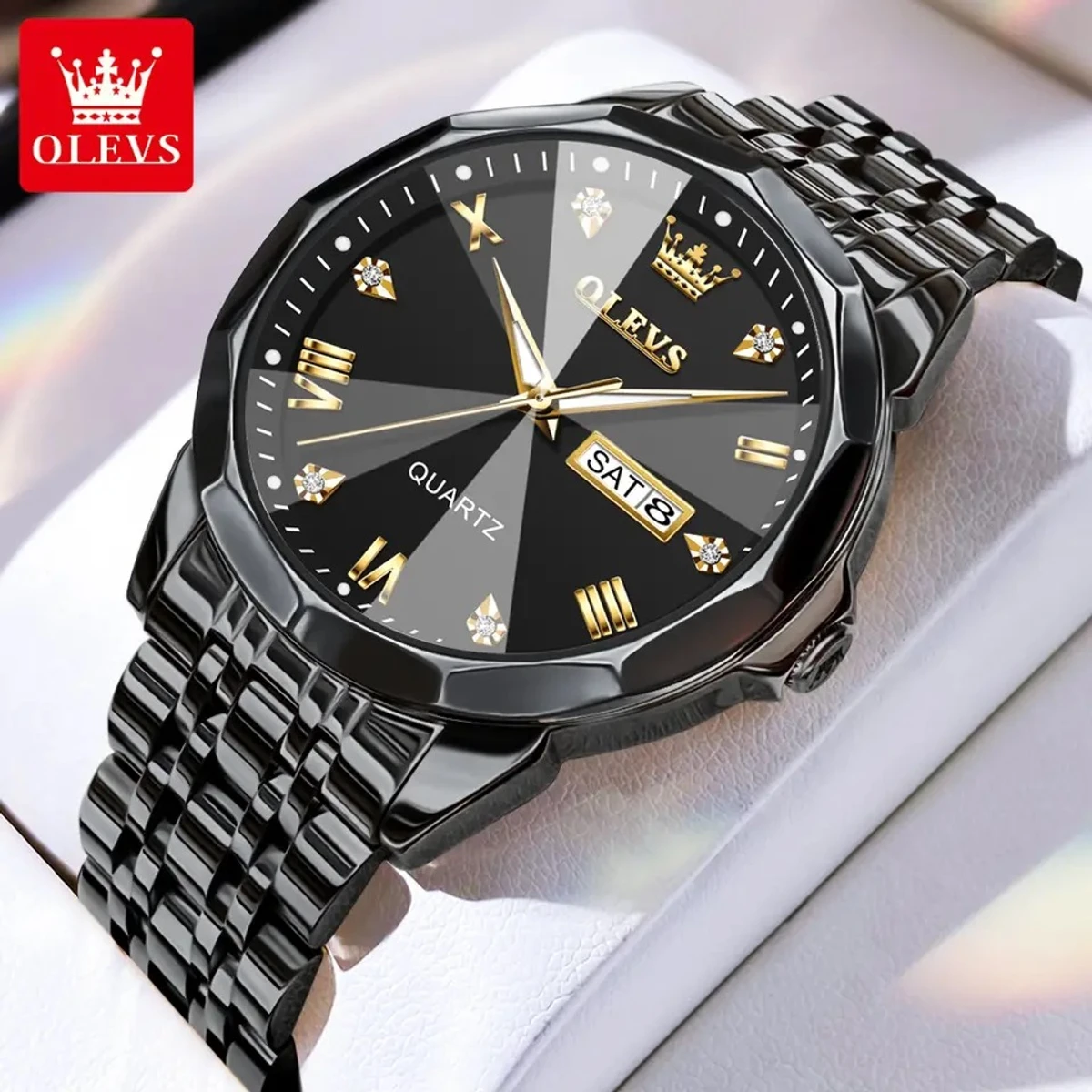 OLEVS 9931 Quartz Watch For Men Rhombus Mirror Stainless Steel Waterproof Auto Date Week Clock Simplicity Luxury Men's Wristwatch- Black