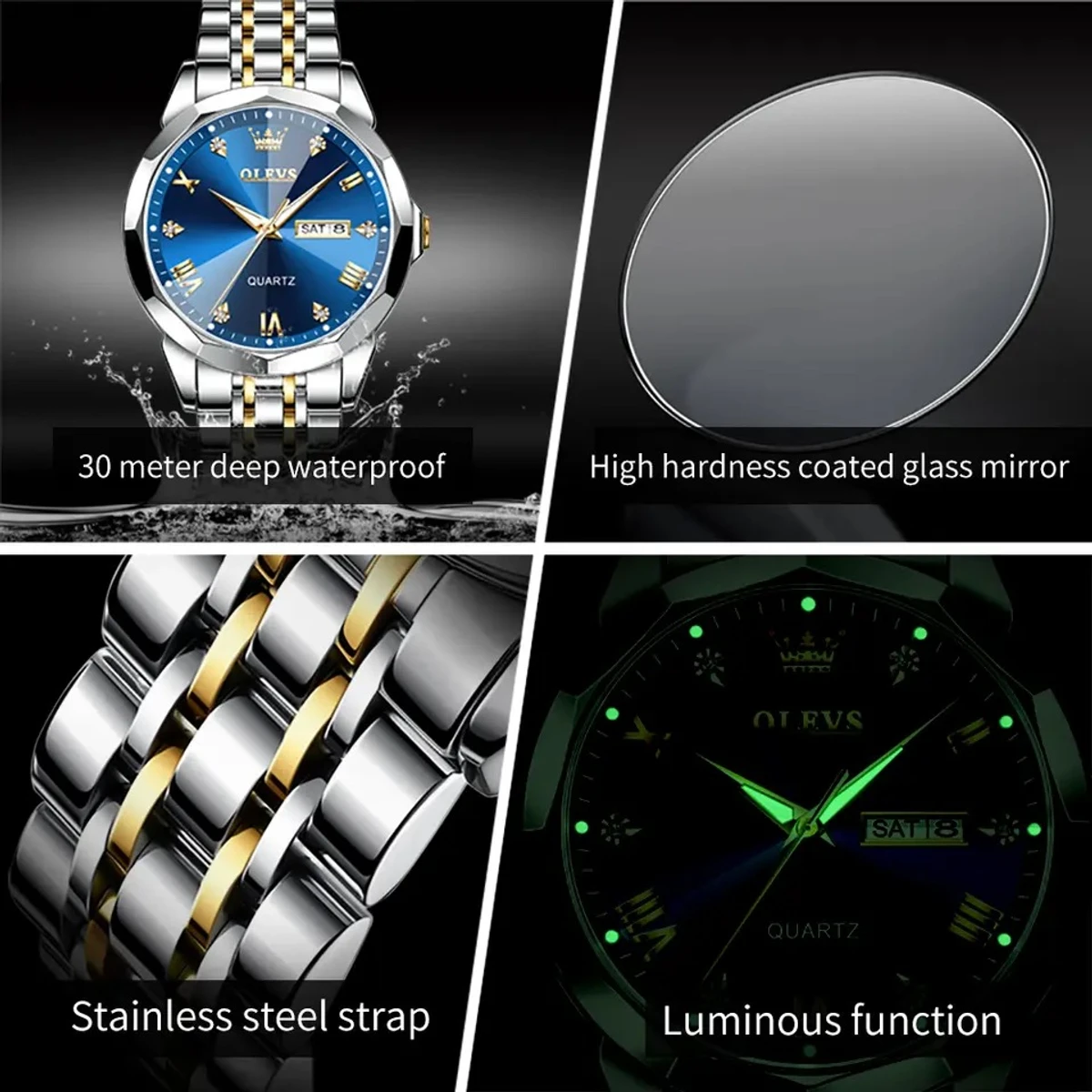 OLEVS 9931 Quartz Watch For Men Rhombus Mirror Stainless Steel Waterproof Auto Date Week Clock Simplicity Luxury Men's Wristwatch- Blue