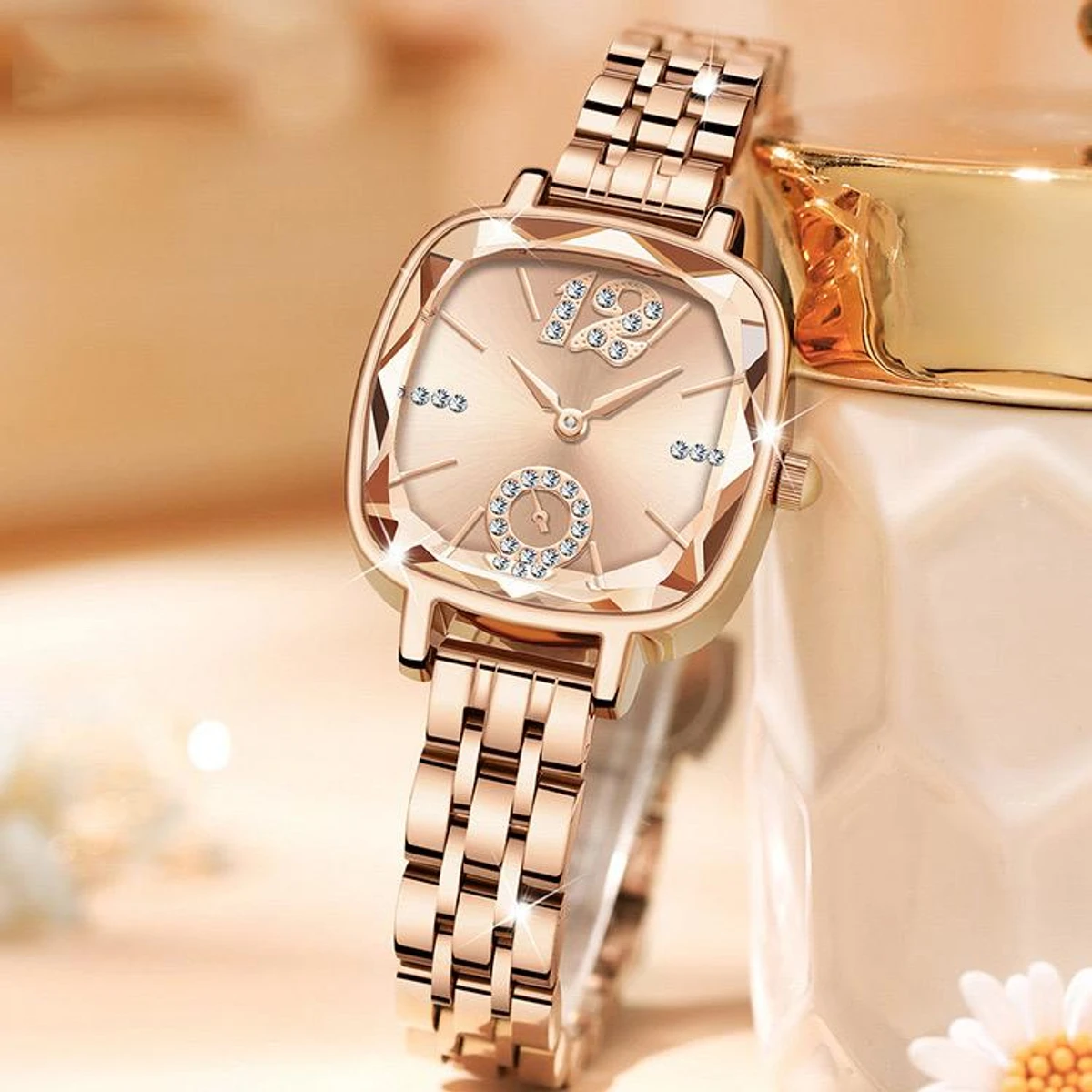 CRRJU Waterproof Ladies Wristwatch with Sparkling Rhinestone Dial and Stainless Steel Band- Light Coffee