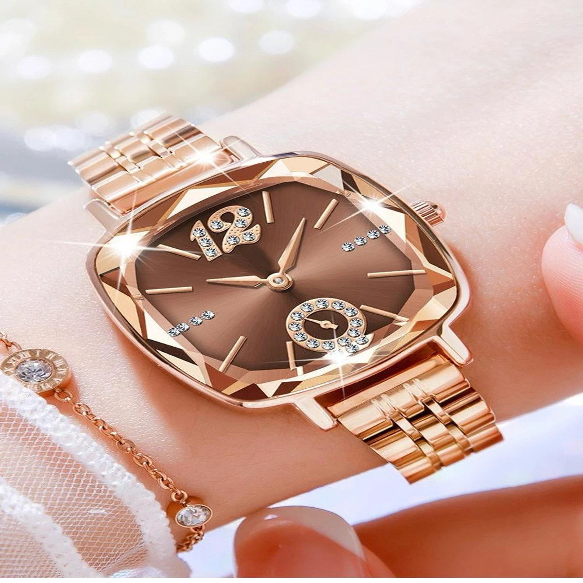 CRRJU Waterproof Ladies Wristwatch with Sparkling Rhinestone Dial and Stainless Steel Band- Deep Coffee