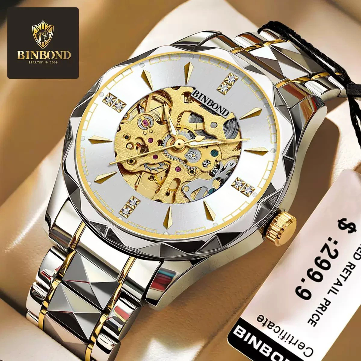 New Binbond J5059 Luxury Watch For Men Stainless Steel Waterproof Business Sport Wristwatches- Silver & Golden