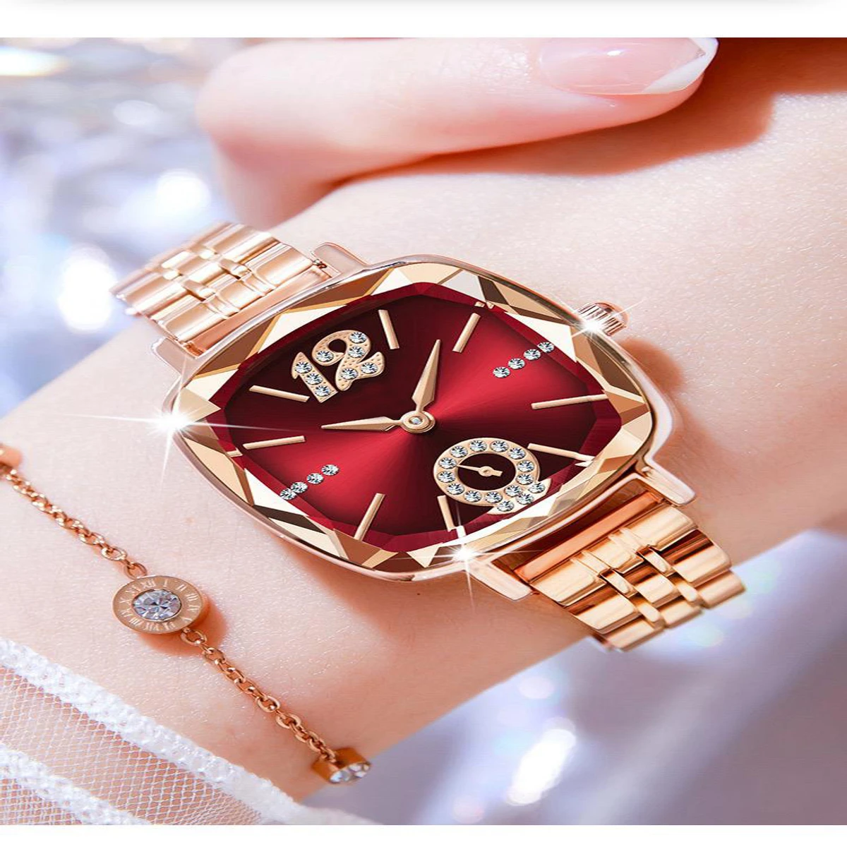 CRRJU Waterproof Ladies Wristwatch with Sparkling Rhinestone Dial and Stainless Steel Band- Golden Red