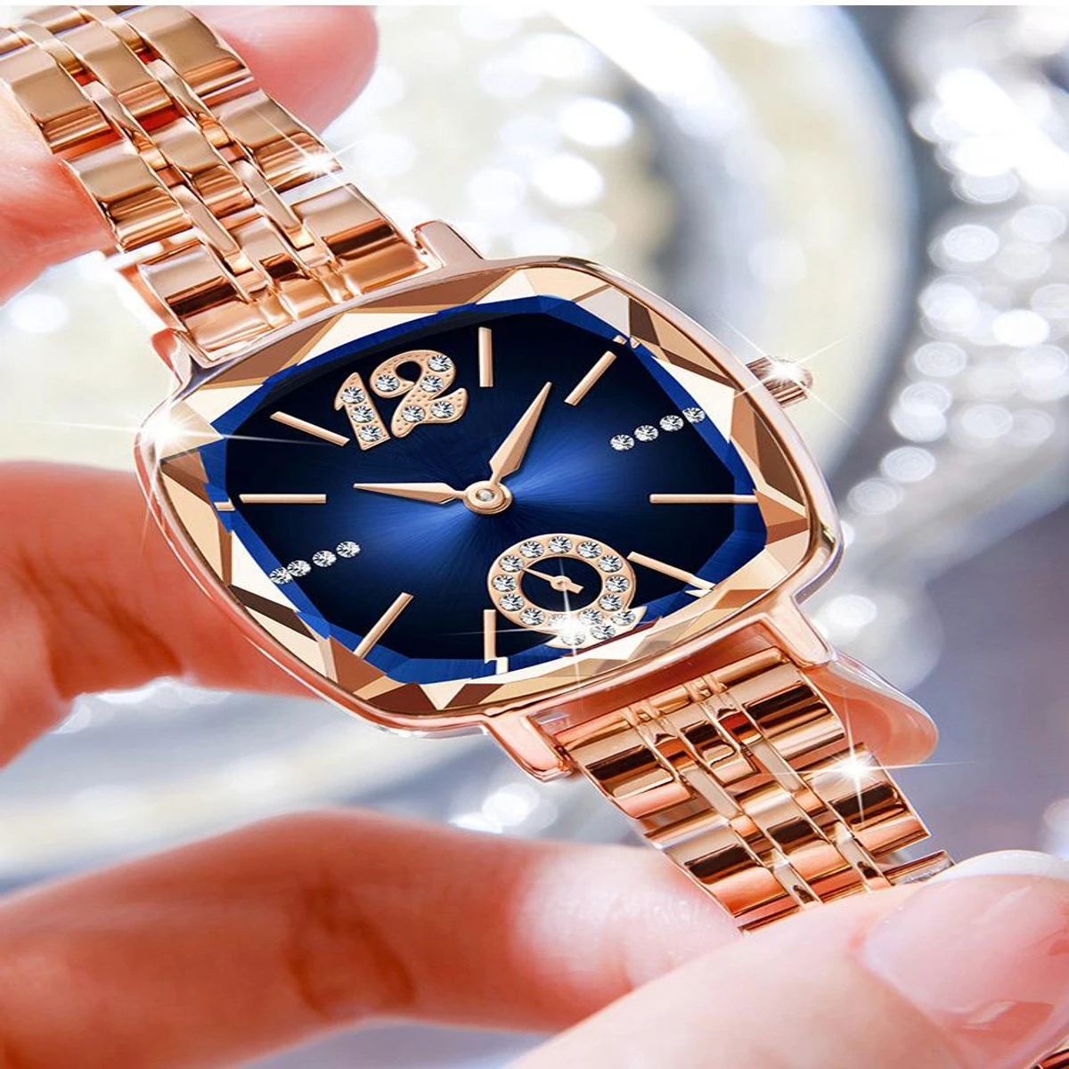 CRRJU Waterproof Ladies Wristwatch with Sparkling Rhinestone Dial and Stainless Steel Band- Golden Blue