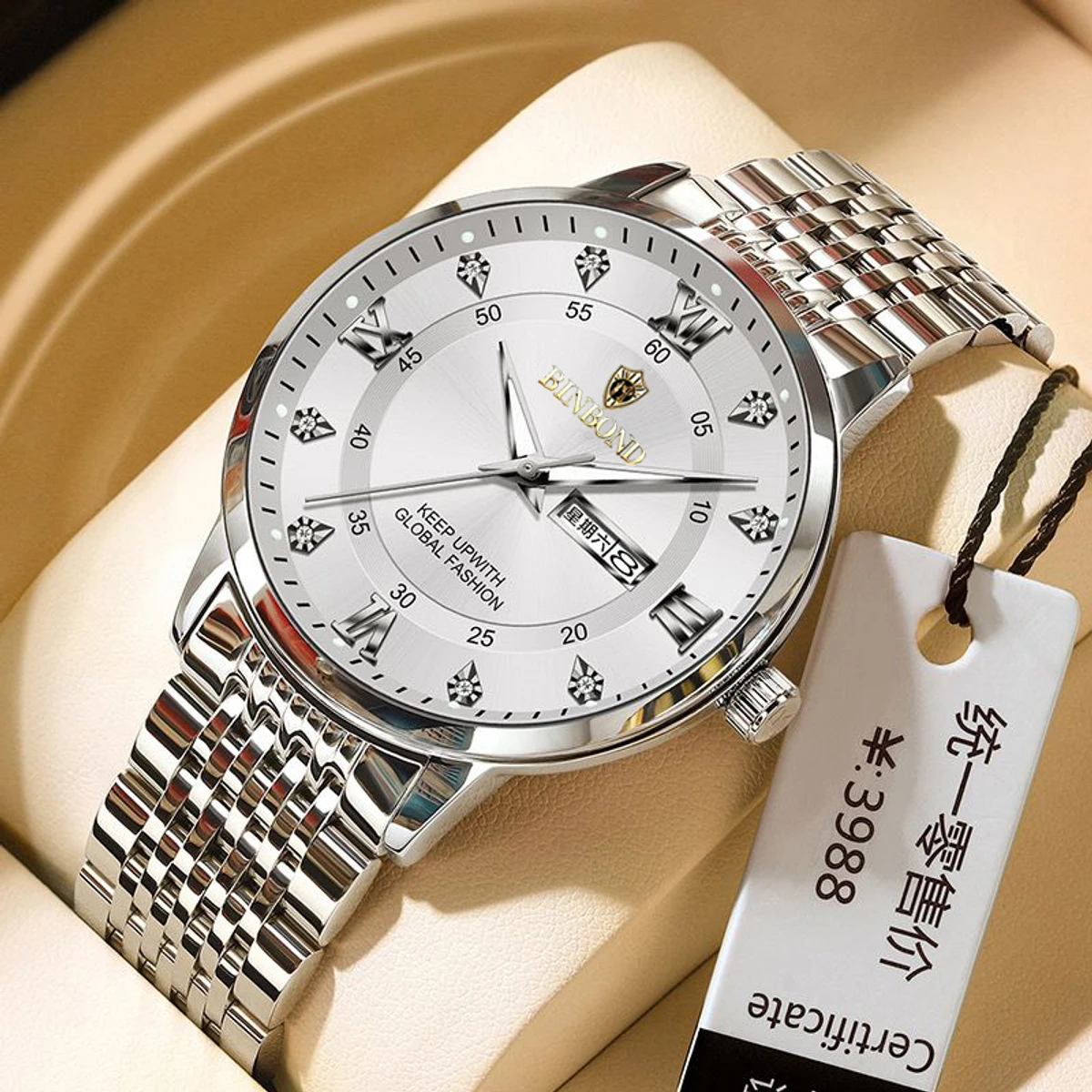 Binbond Men's Luxury Watch Elegant Dating Week Waterproof and Luminous Men's Watch Quartz Stainless Steel Sports Men's Watch- Silver