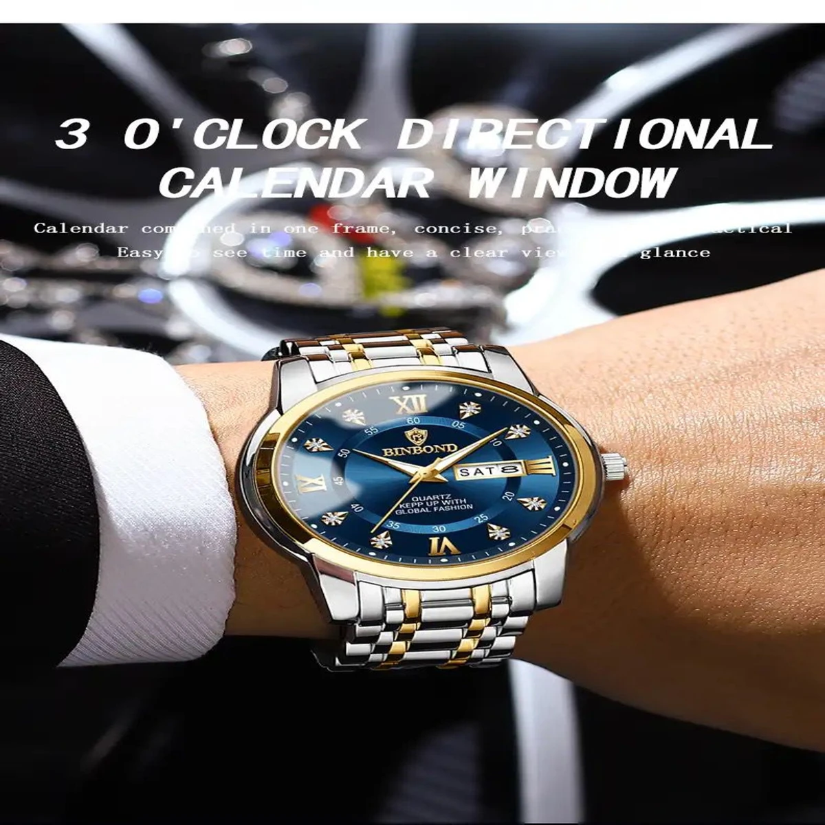 Binbond Men's Luxury Watch Elegant Dating Week Waterproof and Luminous Men's Watch Quartz Stainless Steel Sports Men's Watch- Golden & Black