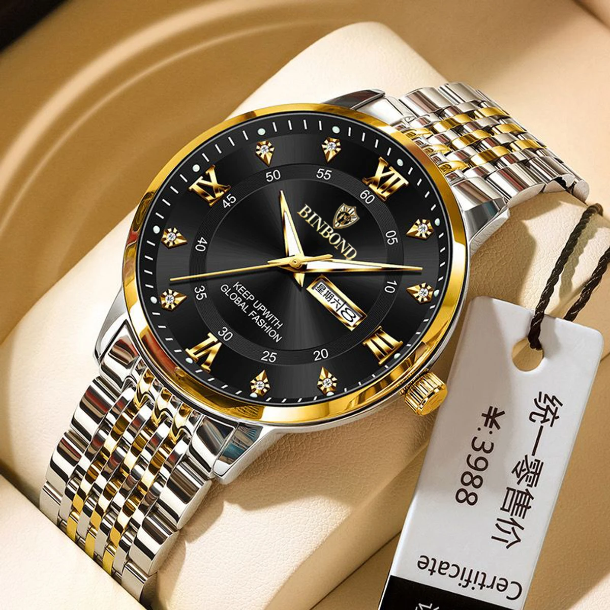 Binbond Men's Luxury Watch Elegant Dating Week Waterproof and Luminous Men's Watch Quartz Stainless Steel Sports Men's Watch- Golden & Black