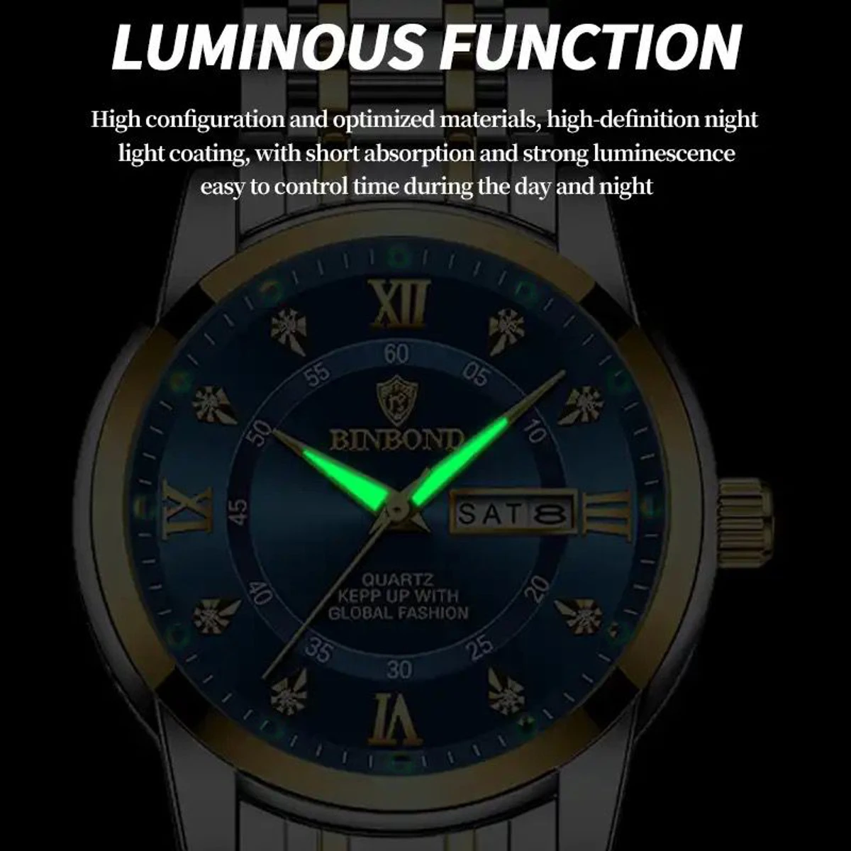 Binbond Men's Luxury Watch Elegant Dating Week Waterproof and Luminous Men's Watch Quartz Stainless Steel Sports Men's Watch- Black