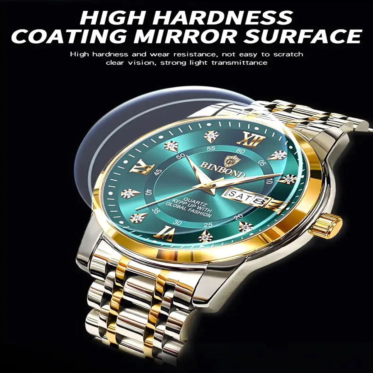 Binbond Men's Luxury Watch Elegant Dating Week Waterproof and Luminous Men's Watch Quartz Stainless Steel Sports Men's Watch- Black