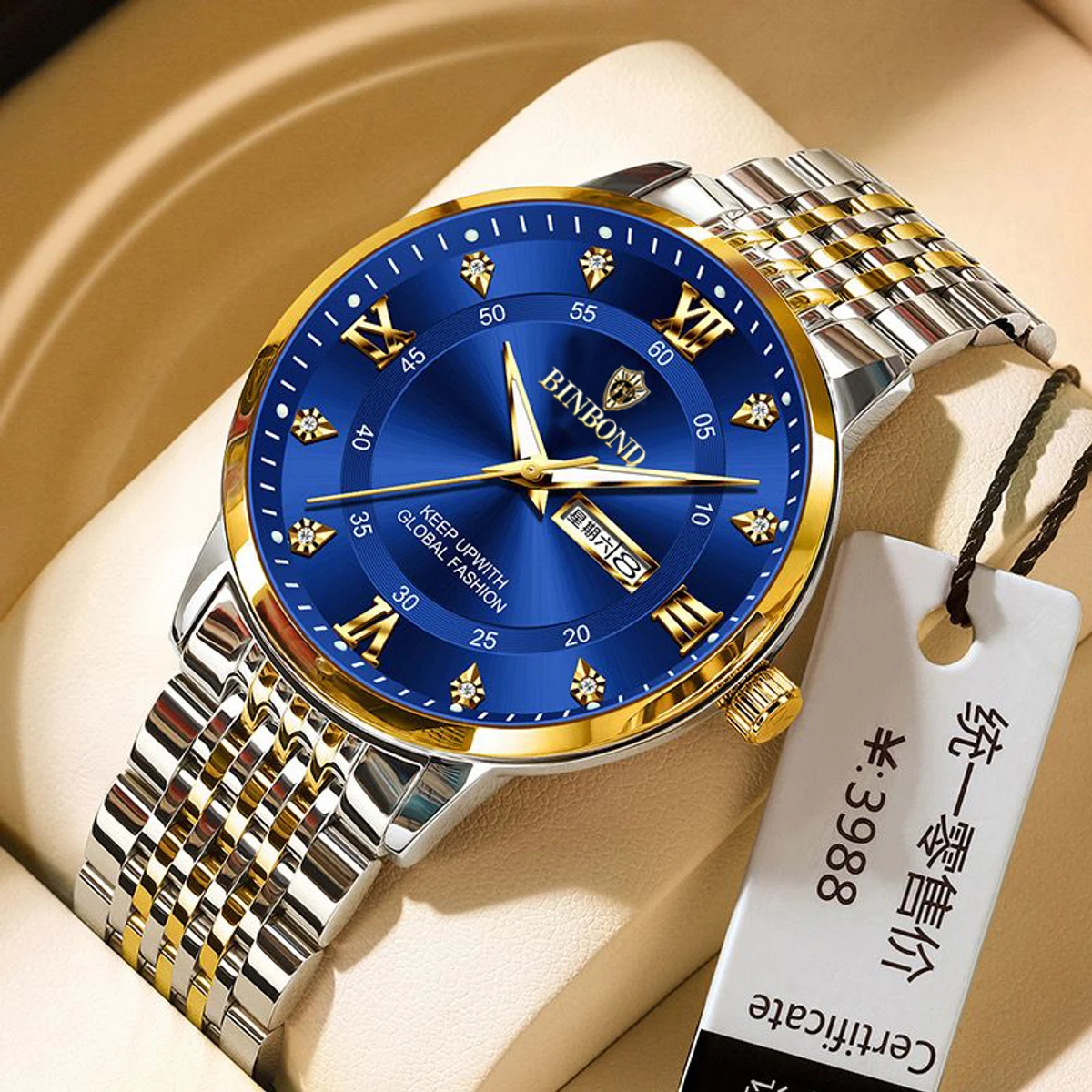 Binbond Men's Luxury Watch Elegant Dating Week Waterproof and Luminous Men's Watch Quartz Stainless Steel Sports Men's Watch- Blue