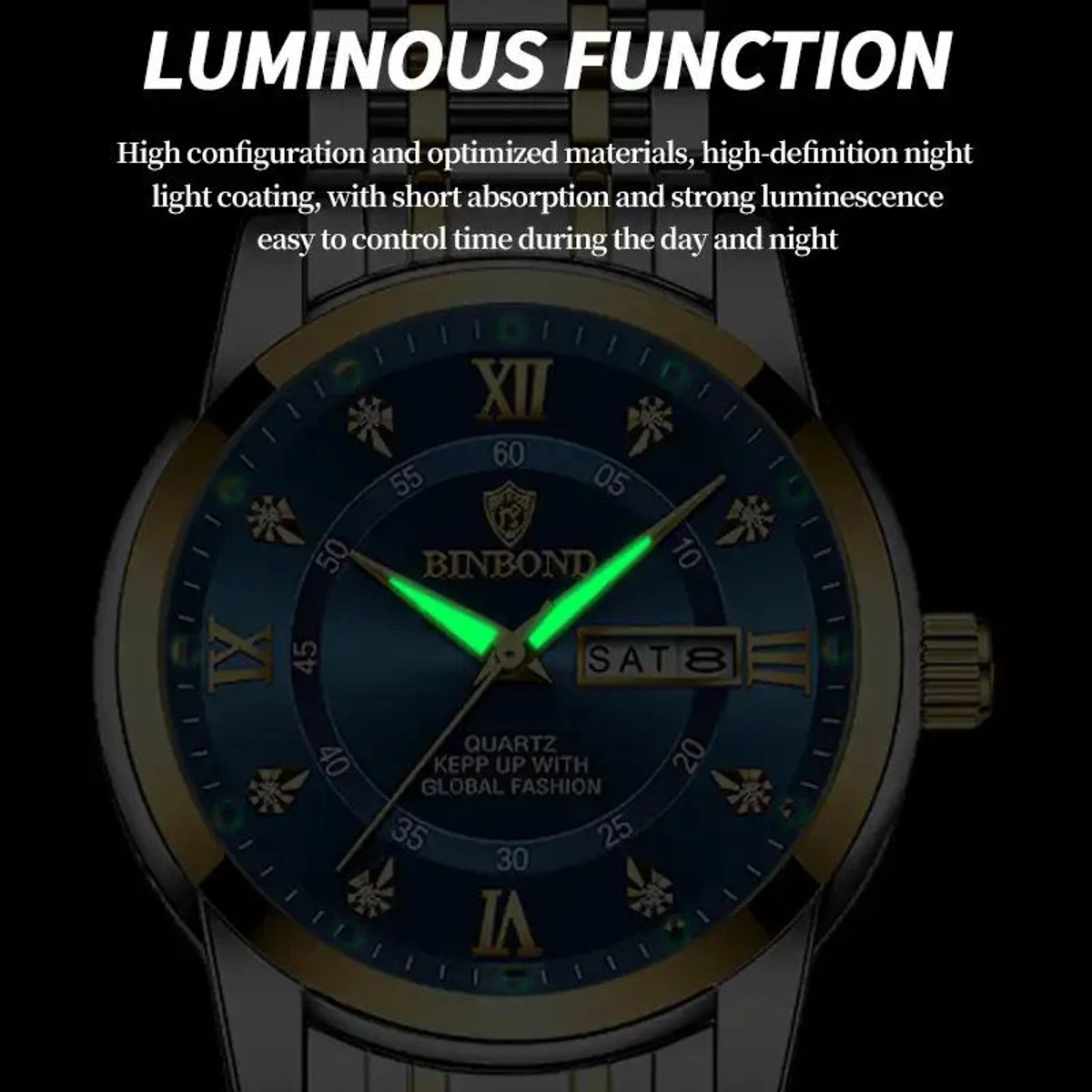 Binbond Men's Luxury Watch Elegant Dating Week Waterproof and Luminous Men's Watch Quartz Stainless Steel Sports Men's Watch- Golden