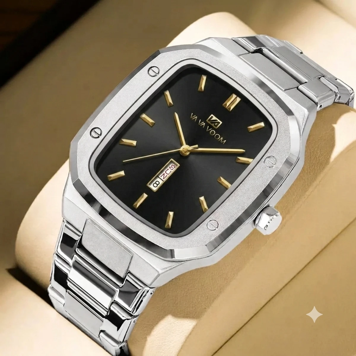 VAVA VOOM V0029 Men Watch High End Business Waterproof Creative Double Calendar High Quality Steel Strip Male Fashion Quartz Clock Watches -  Silver & Black